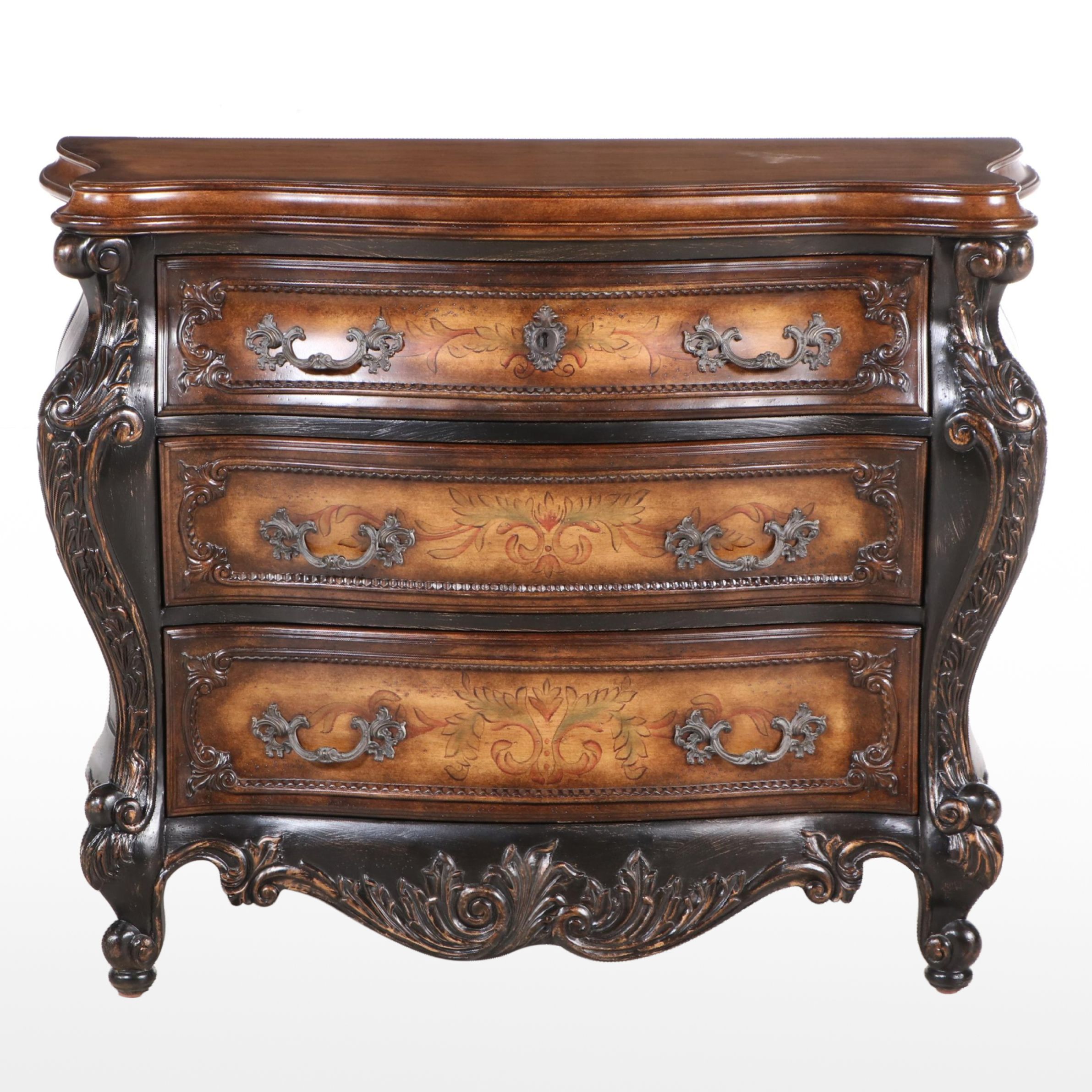 Pulaski Louis XV Style Ebonized and Paint-Decorated Three-Drawer Bombé Commode