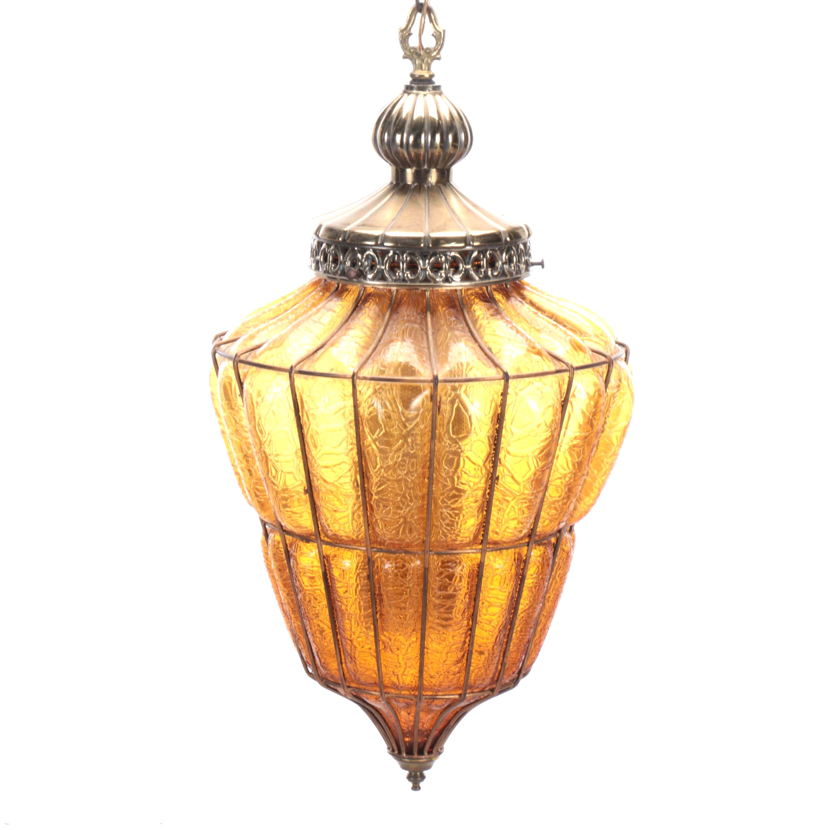 Mid Century Modern Bubble Amber Crackle Glass Caged Pendant Swag Light, Vintage