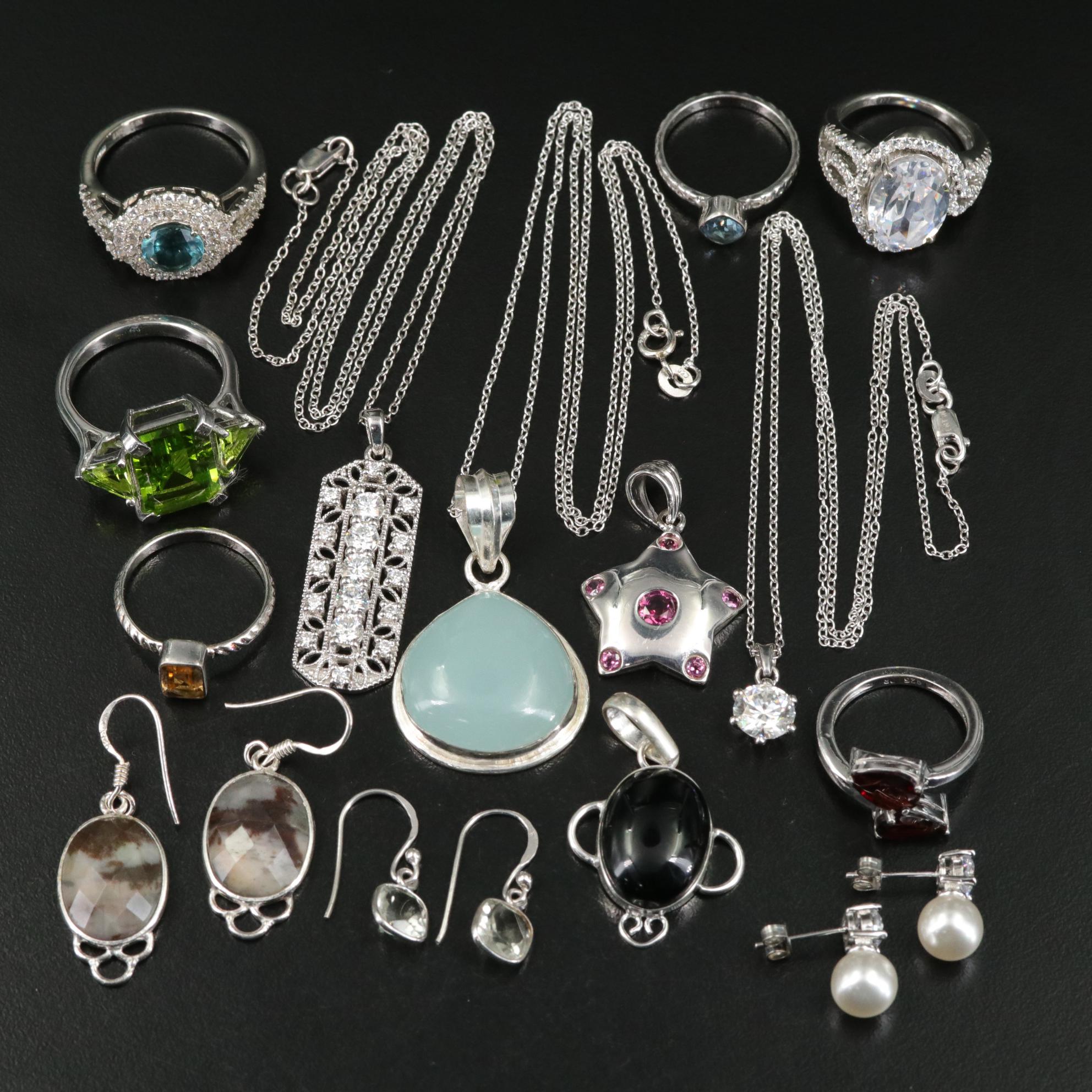 Group of 14 Assorted Sterling Silver Rings, Necklaces, Earrings, and Pendants