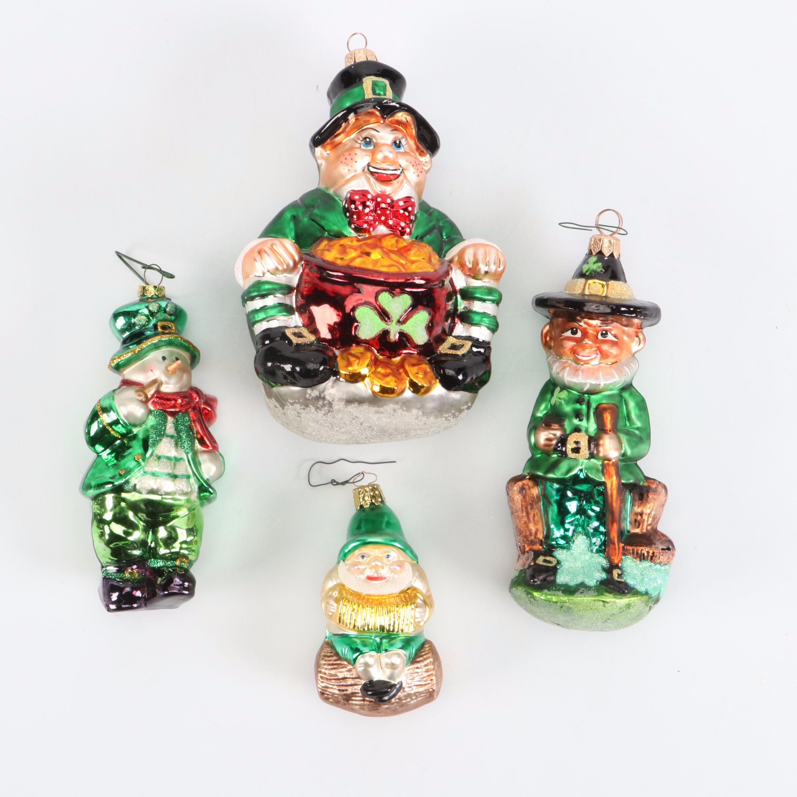Hand-Painted Glass Leprechaun Christmas Ornaments, Late 20th Century