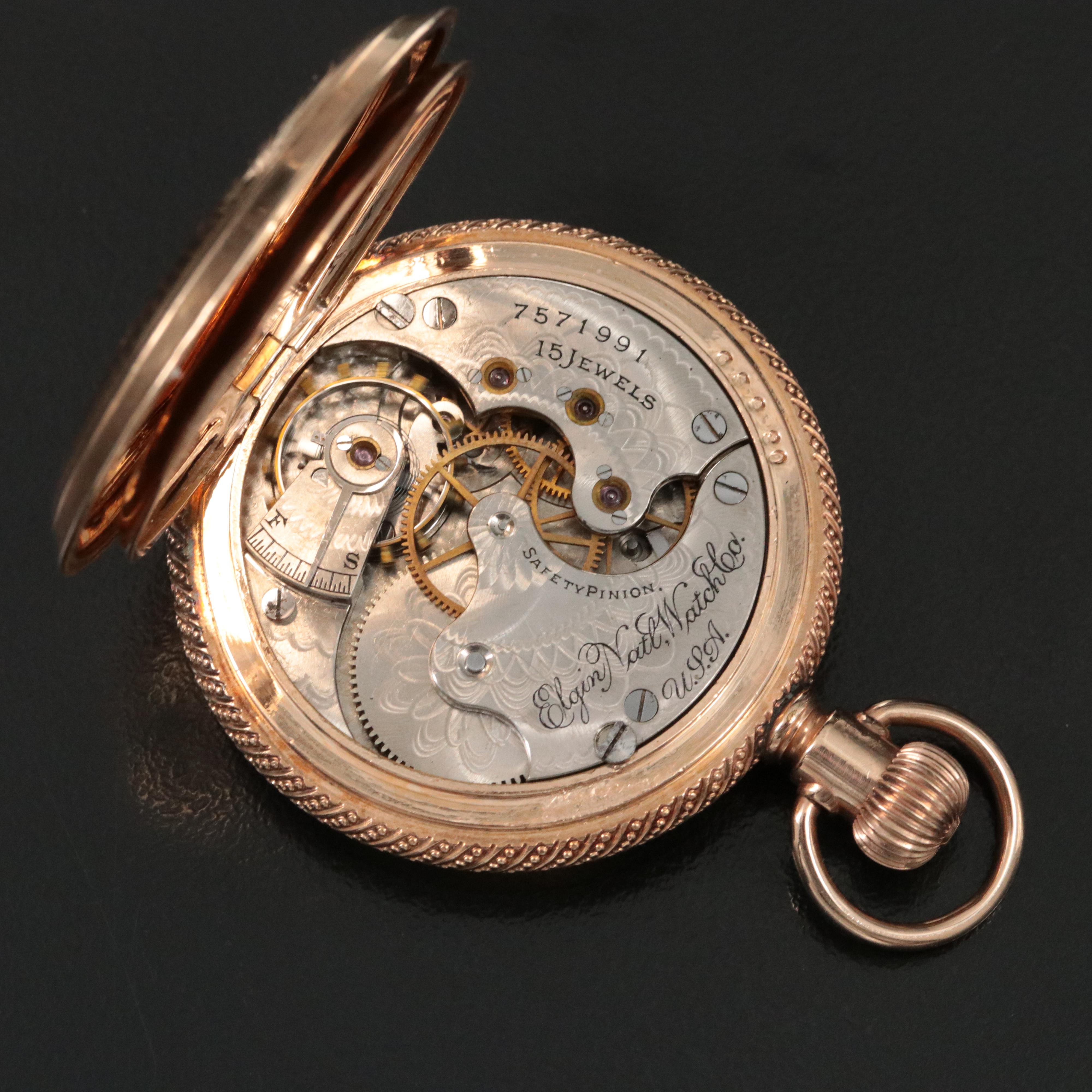 1899 Elgin Ornate Porcelain Dial Hunting Case Pocket Watch