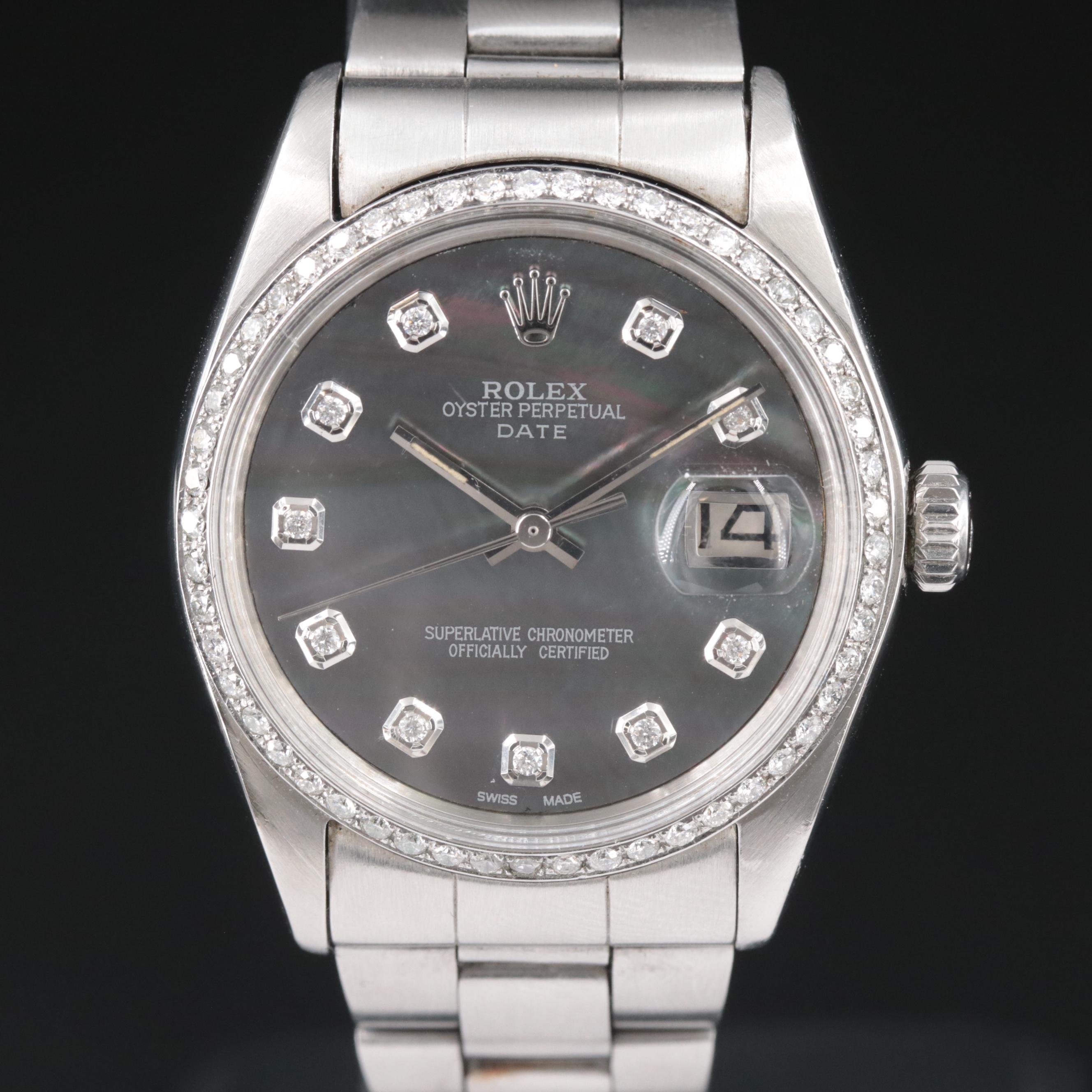 1968 Rolex Custom Diamond M.O.P. Dial and Bezel Oyster Perpetual Date Watch