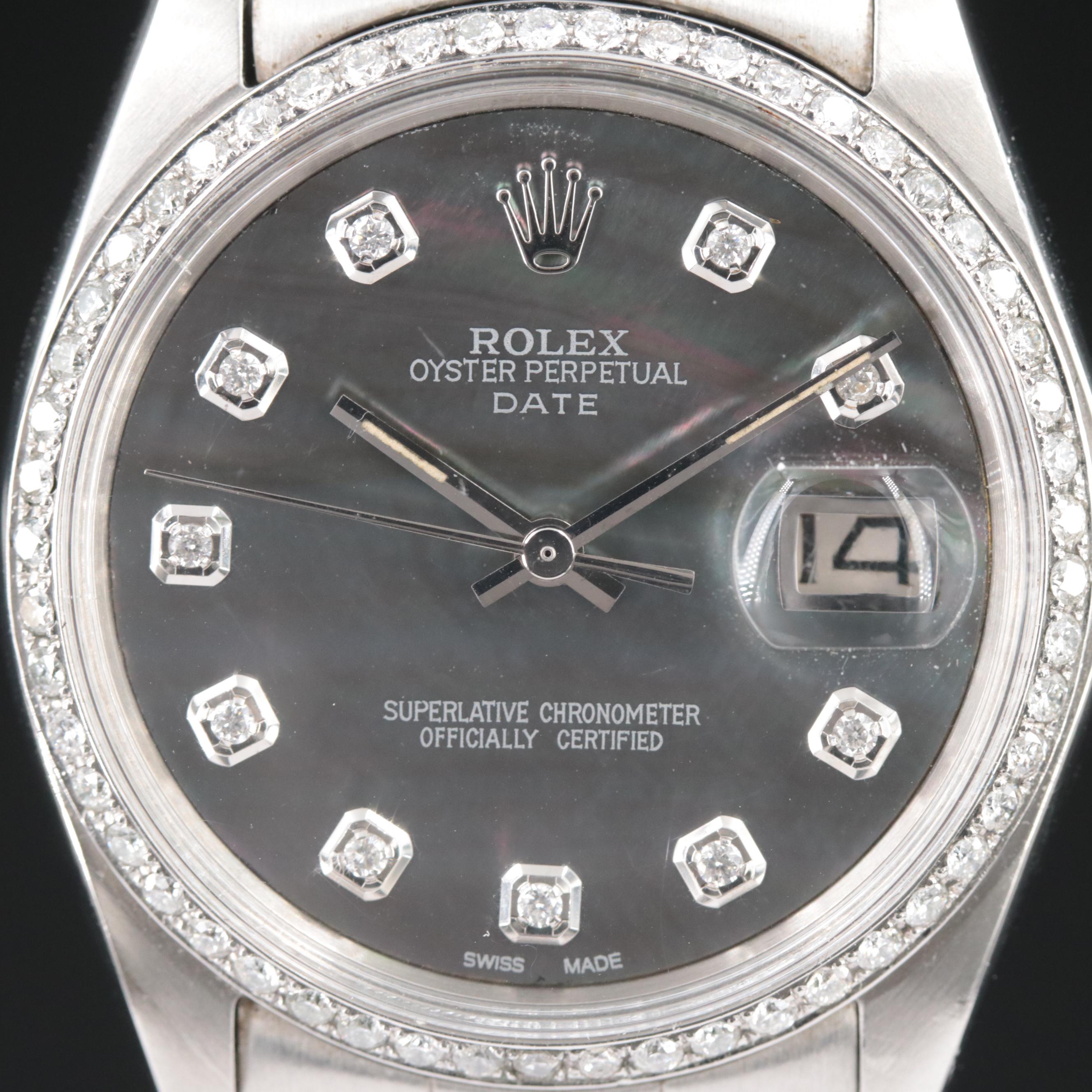 1968 Rolex Custom Diamond M.O.P. Dial and Bezel Oyster Perpetual Date Watch
