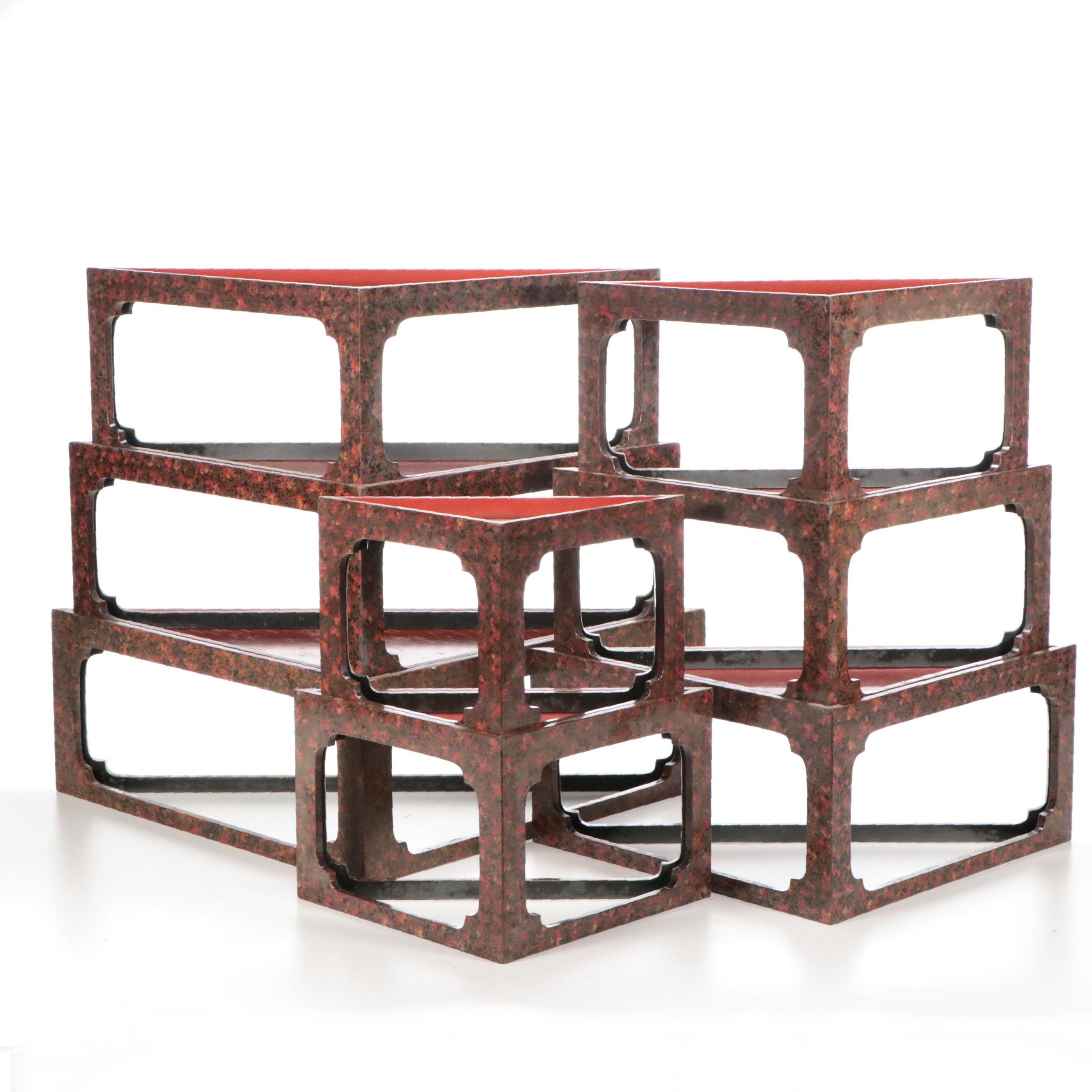 Japanese Maki Lacquered Metal Stacking Nesting Triangle Tables