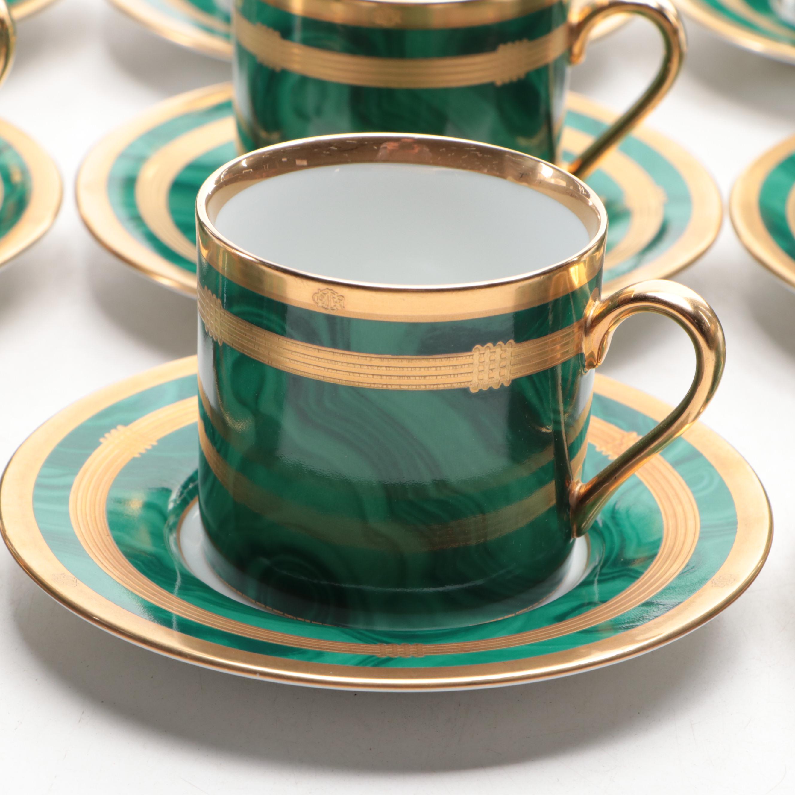 Christian Dior "Gaudron Malachite Green" Porcelain Demitasse Cups and Saucers