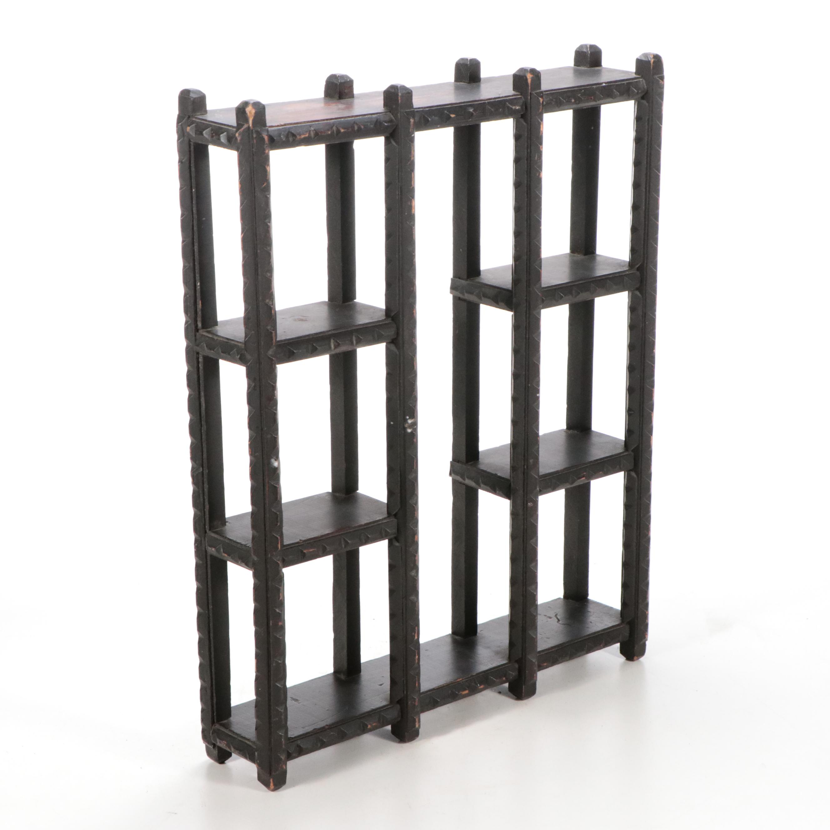 Tramp Art Notched Wood Hanging Wall Shelf