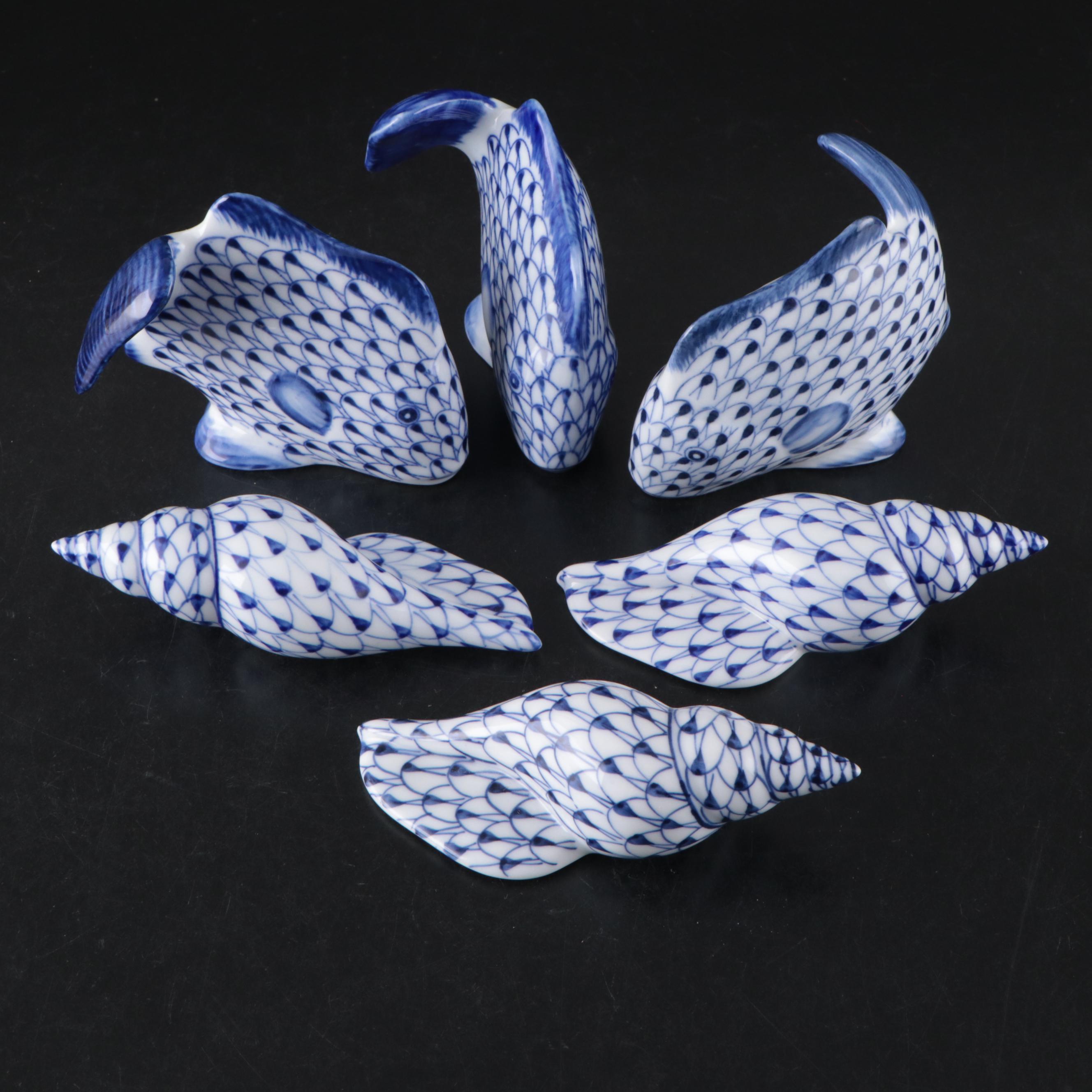 Andrea by Sadek Blue Fishnet "Shell" and "Fish" Porcelain Figures