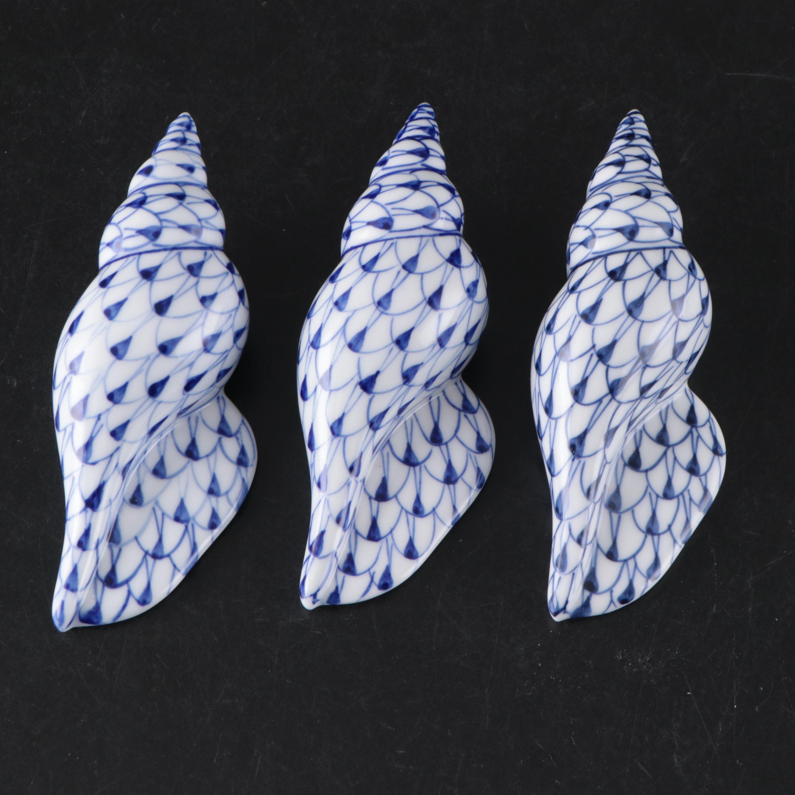 Andrea by Sadek Blue Fishnet "Shell" and "Fish" Porcelain Figures