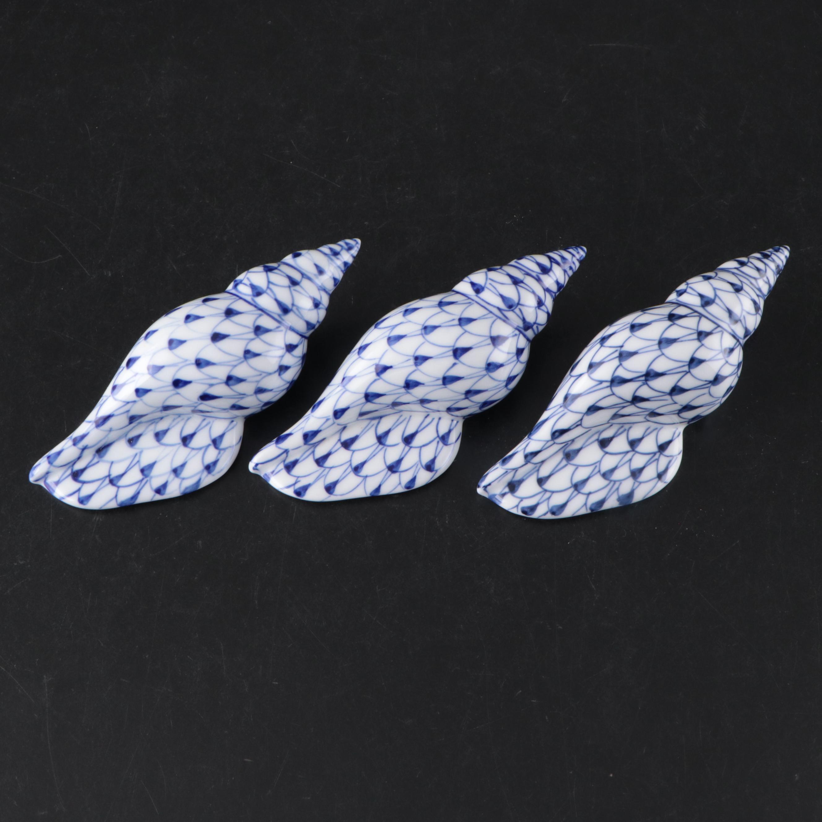 Andrea by Sadek Blue Fishnet "Shell" and "Fish" Porcelain Figures