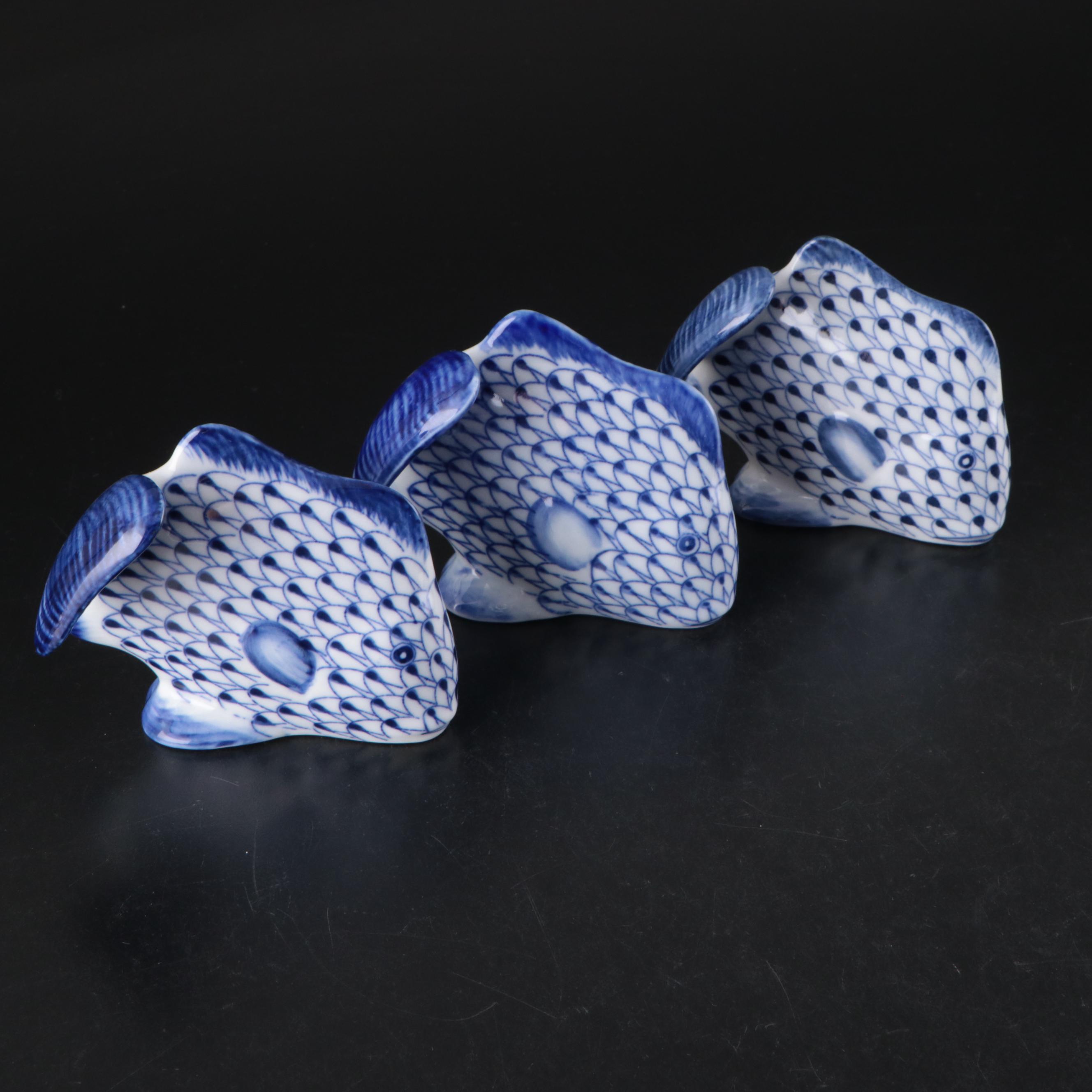 Andrea by Sadek Blue Fishnet "Shell" and "Fish" Porcelain Figures