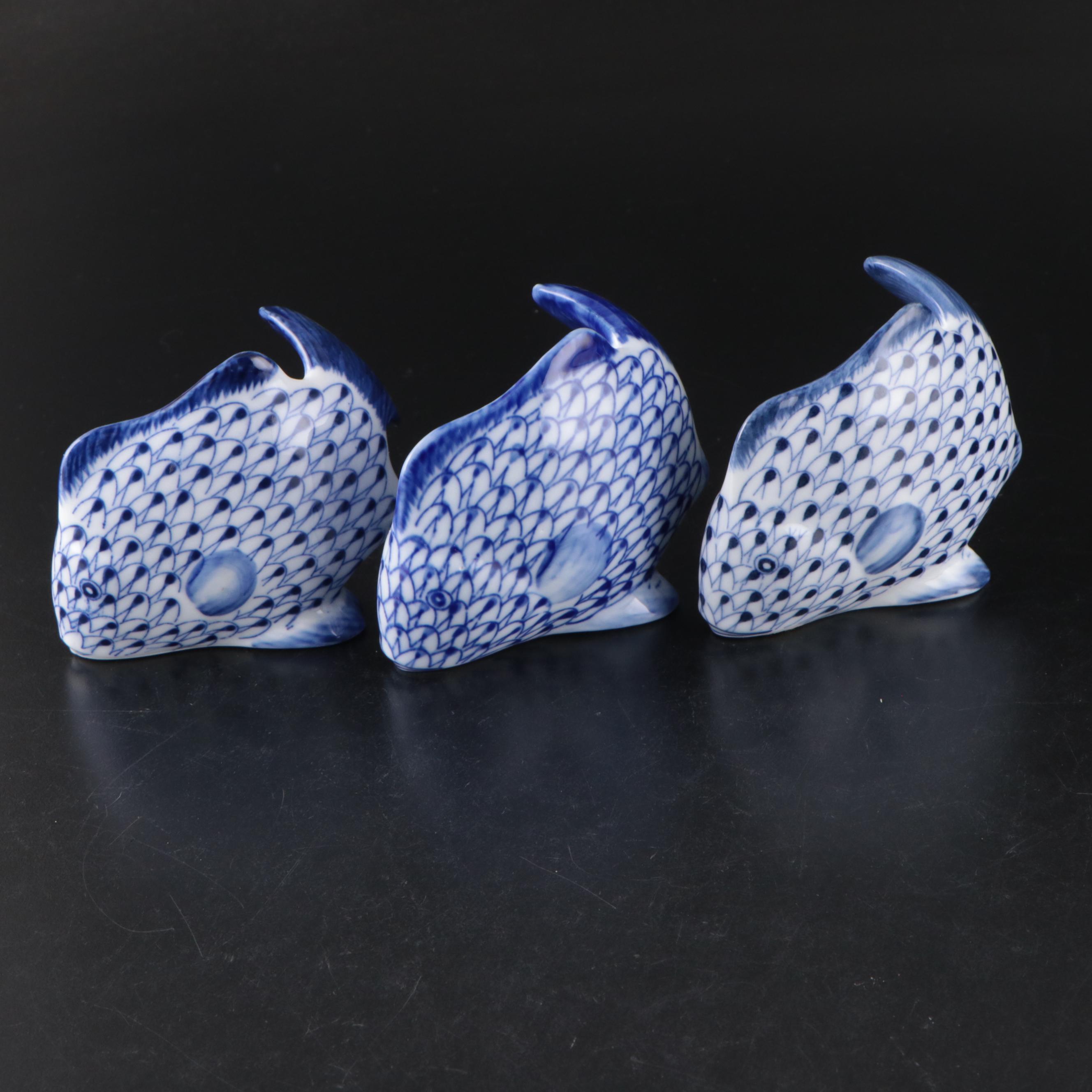 Andrea by Sadek Blue Fishnet "Shell" and "Fish" Porcelain Figures