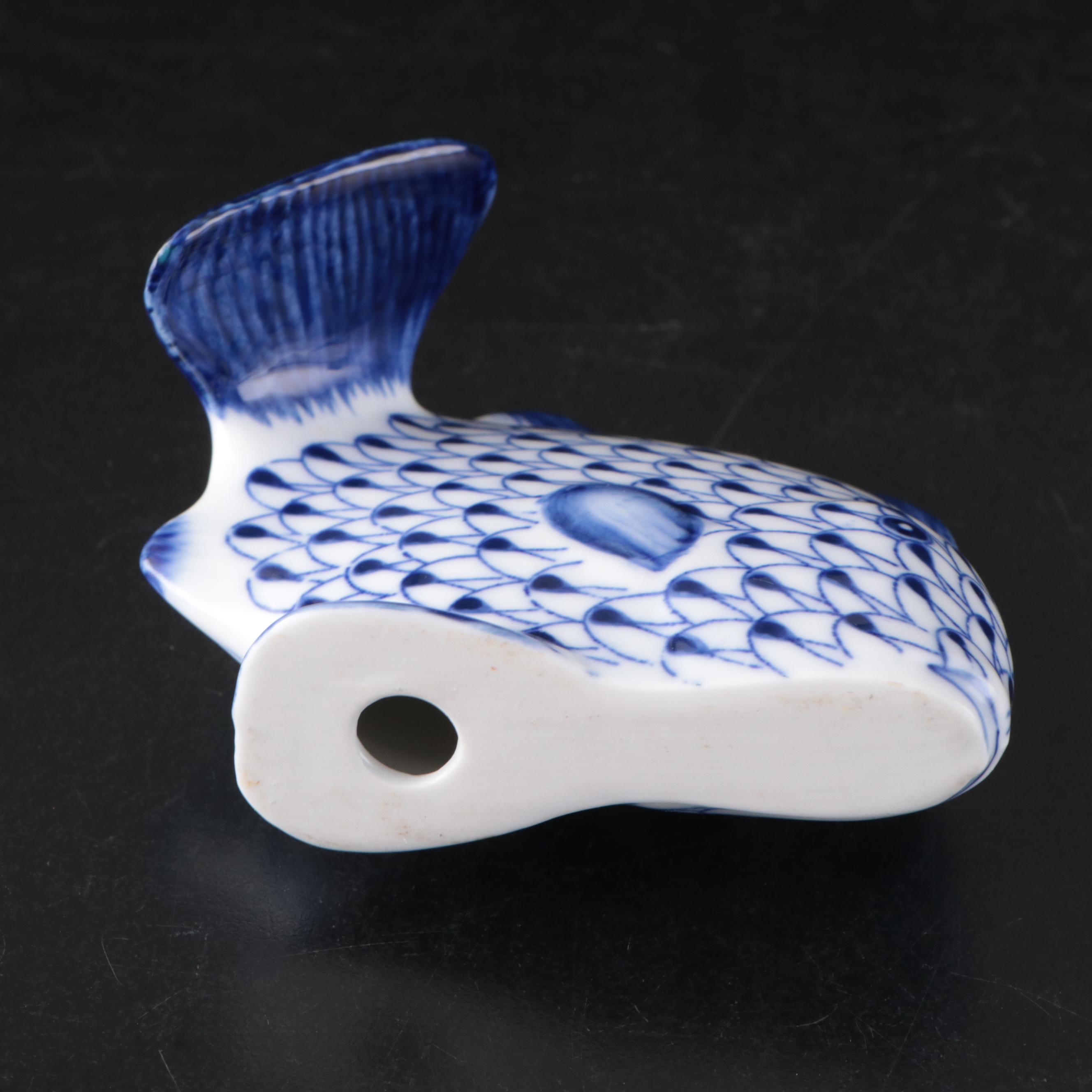 Andrea by Sadek Blue Fishnet "Shell" and "Fish" Porcelain Figures