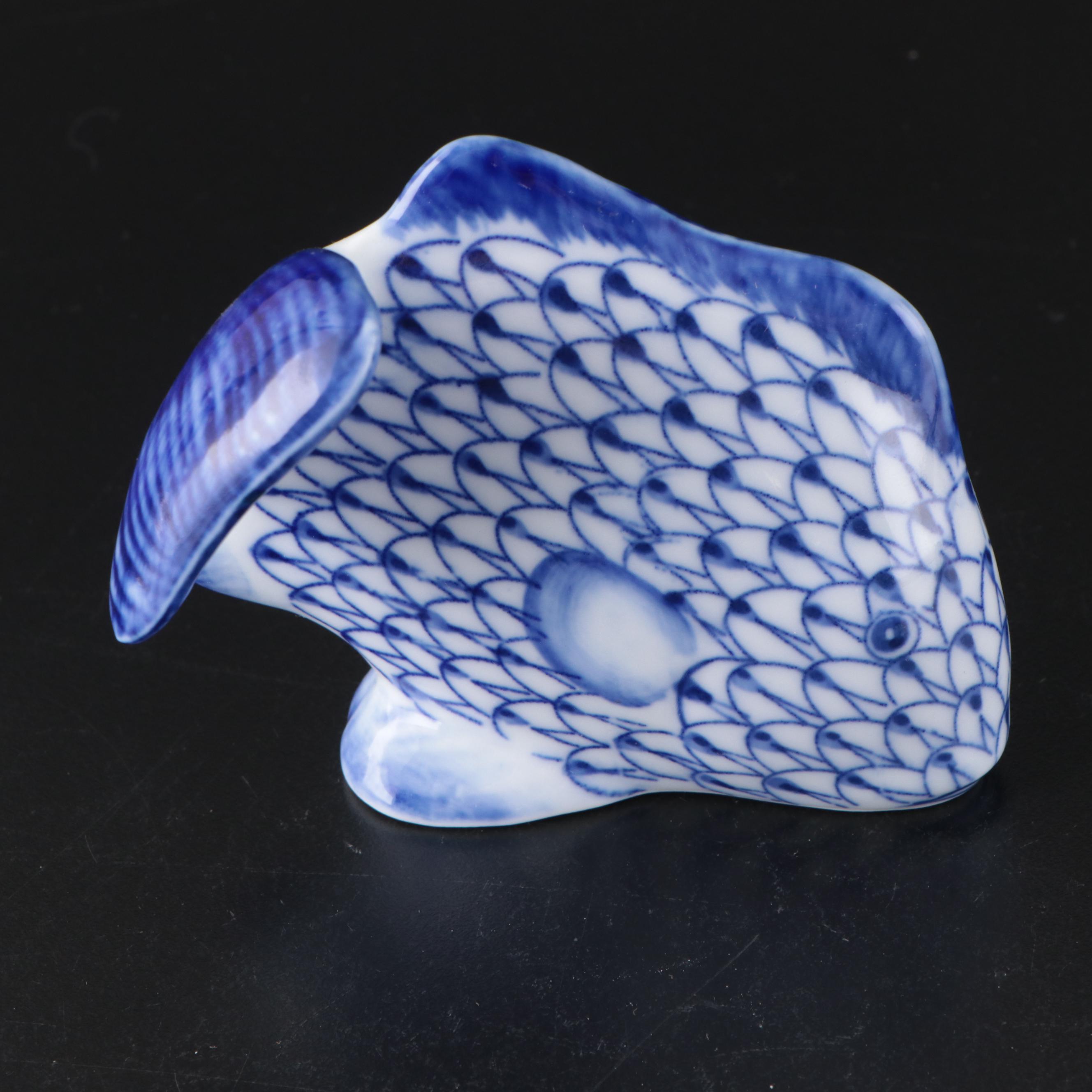 Andrea by Sadek Blue Fishnet "Shell" and "Fish" Porcelain Figures