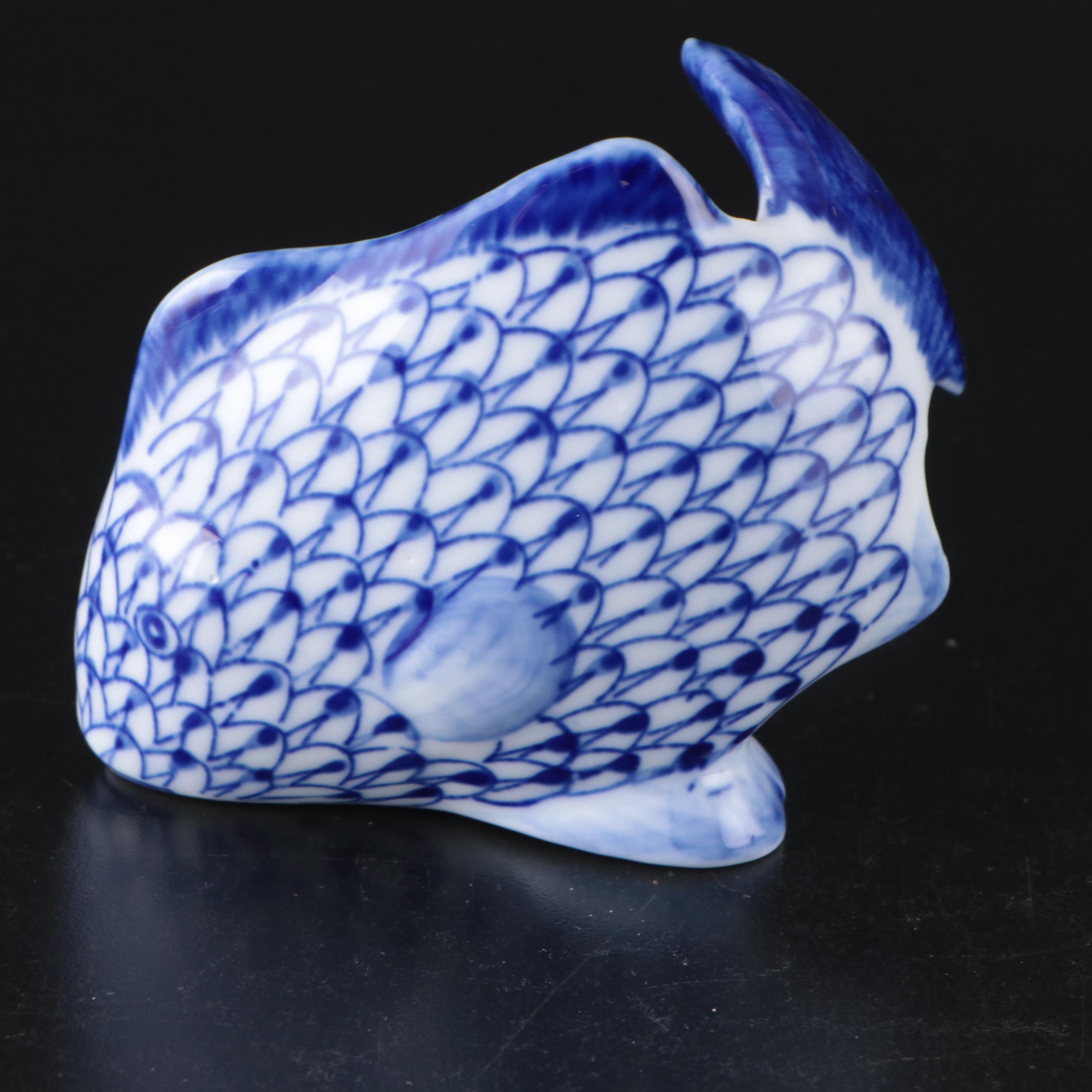 Andrea by Sadek Blue Fishnet "Shell" and "Fish" Porcelain Figures
