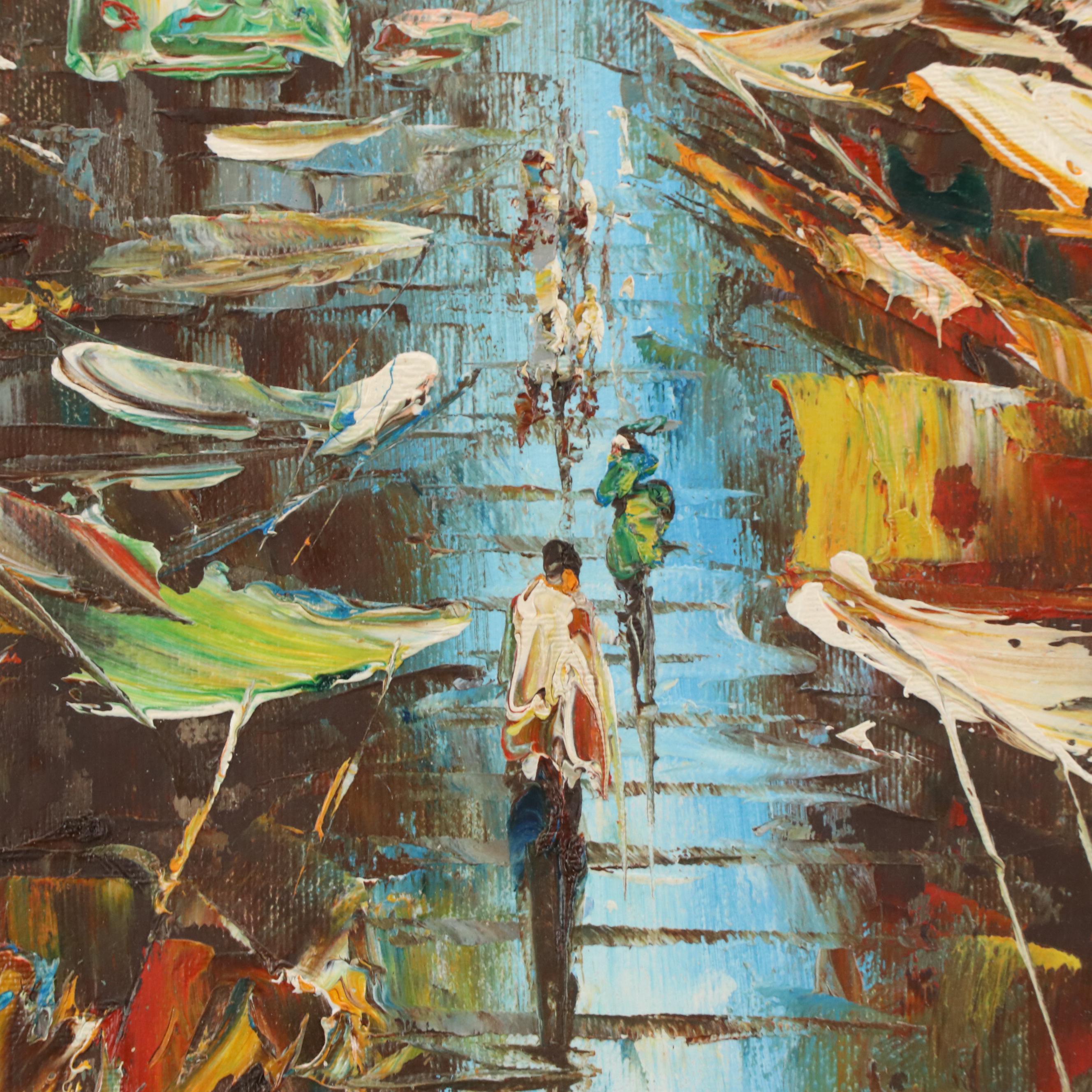 City Street Scene Acrylic Painting, Late 20th Century