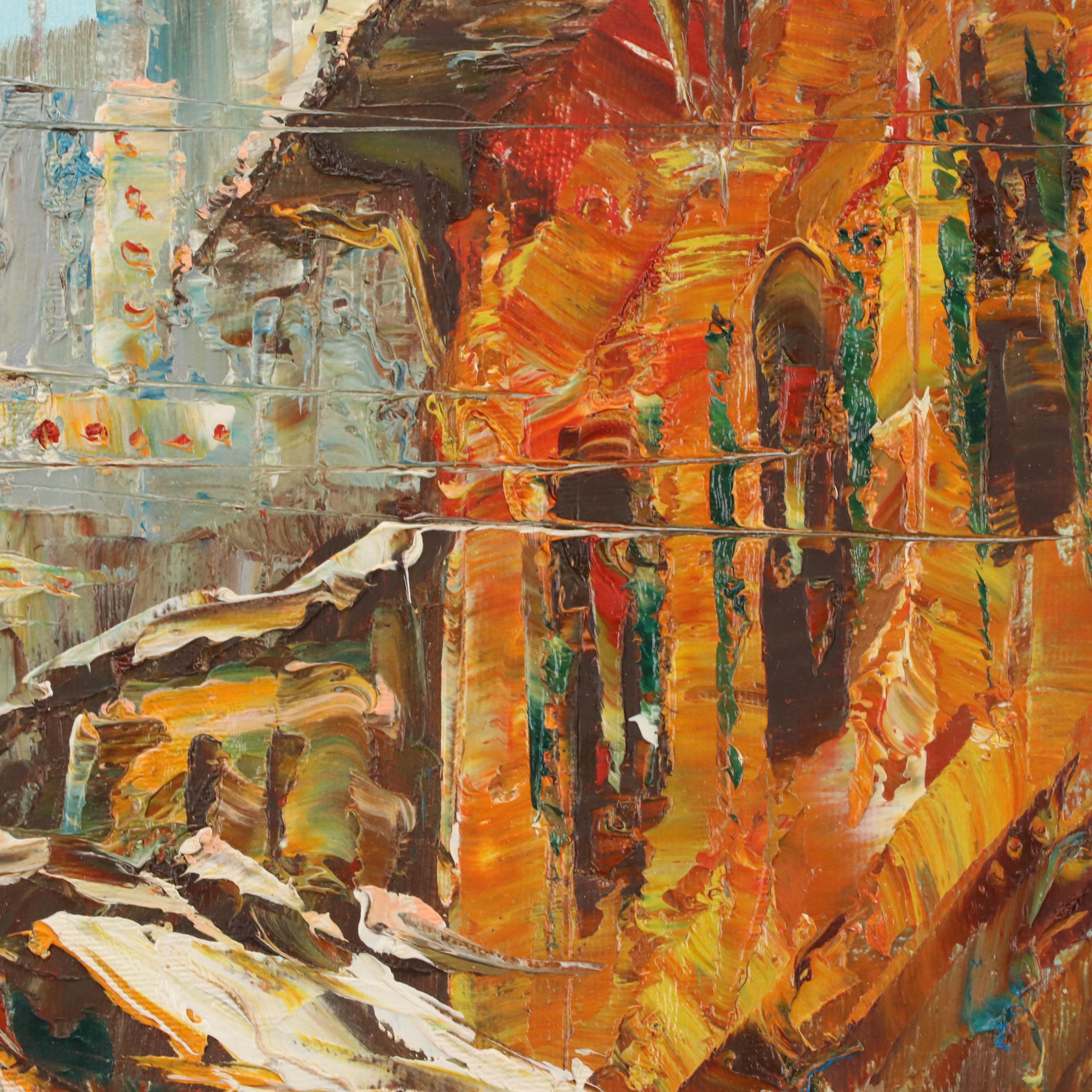 City Street Scene Acrylic Painting, Late 20th Century