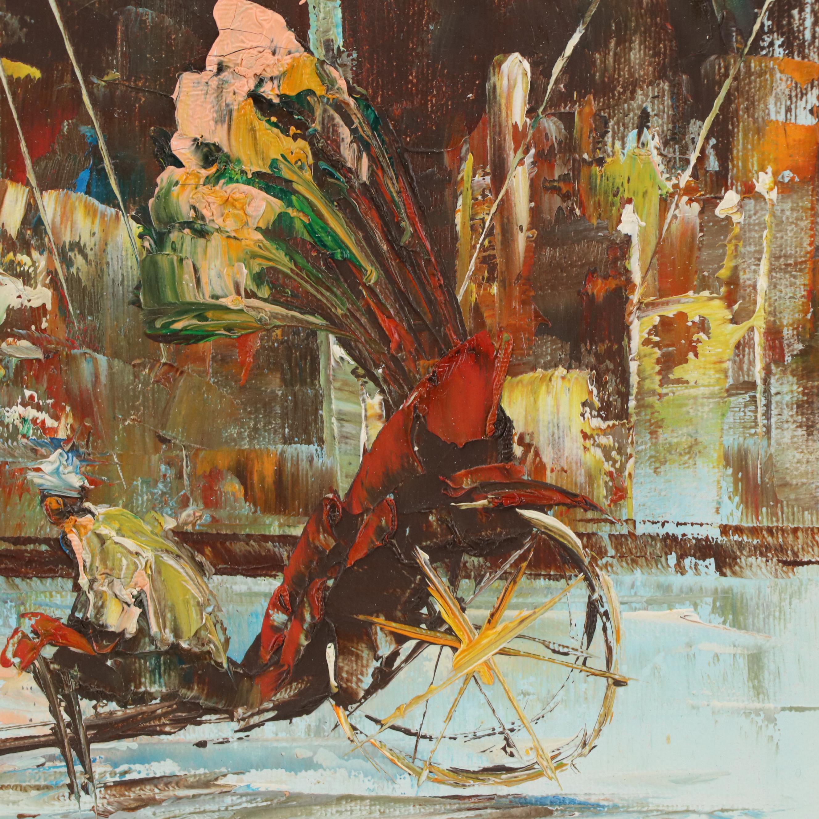 City Street Scene Acrylic Painting, Late 20th Century