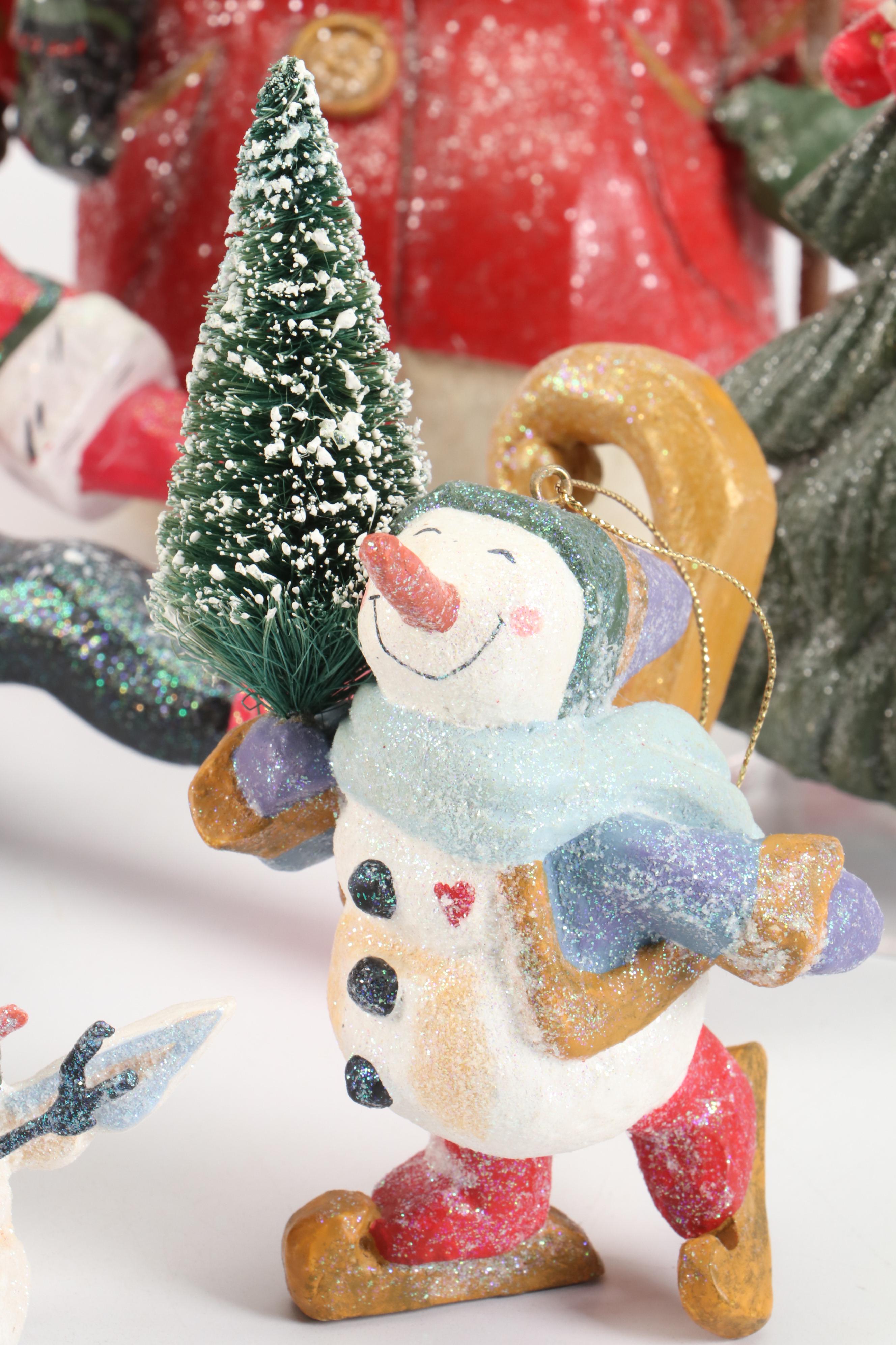 House of Hatten Folk Art Snowman Figurines, Ornaments and Music Box