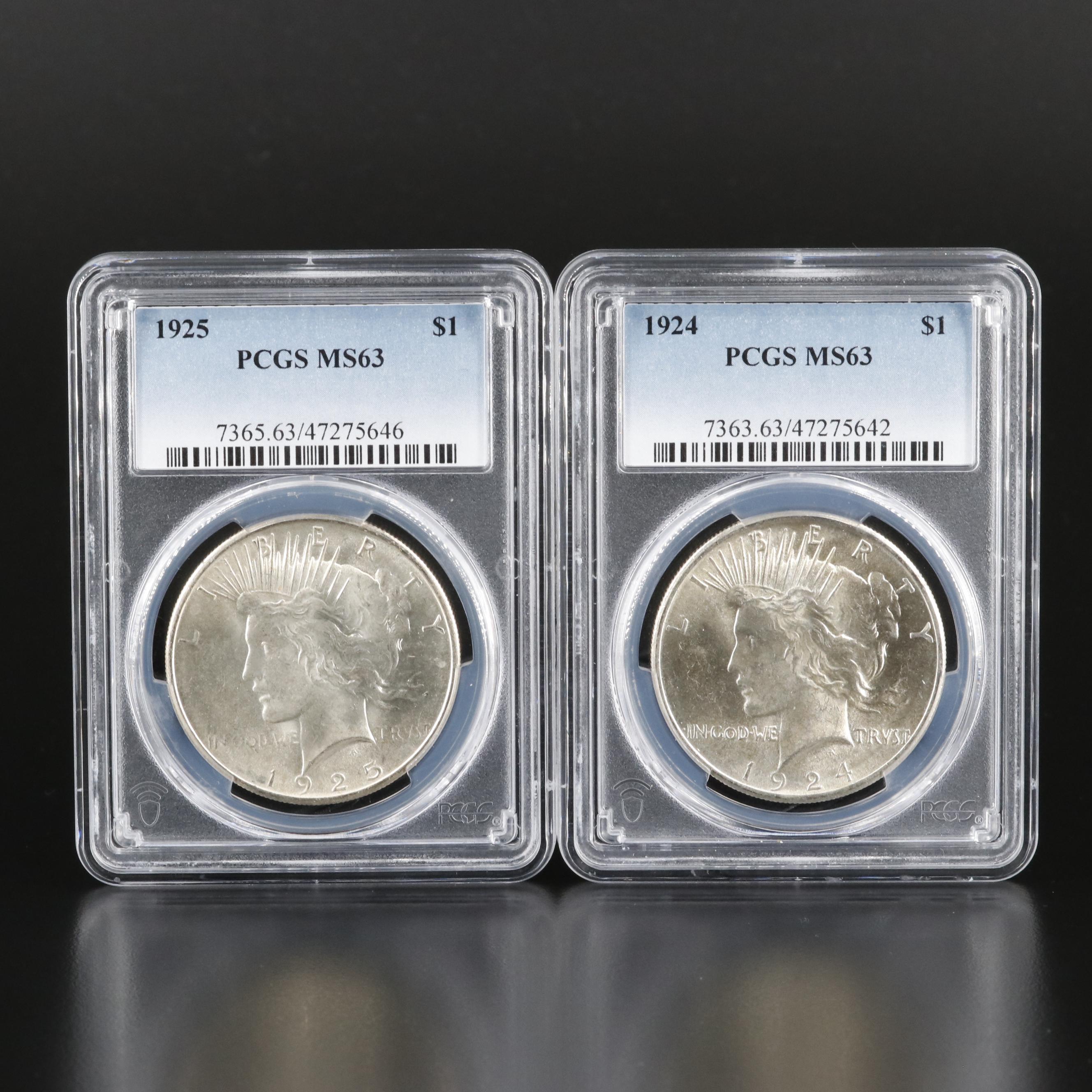 1924 and 1925 Peace Silver Dollars, PCGS Graded MS63
