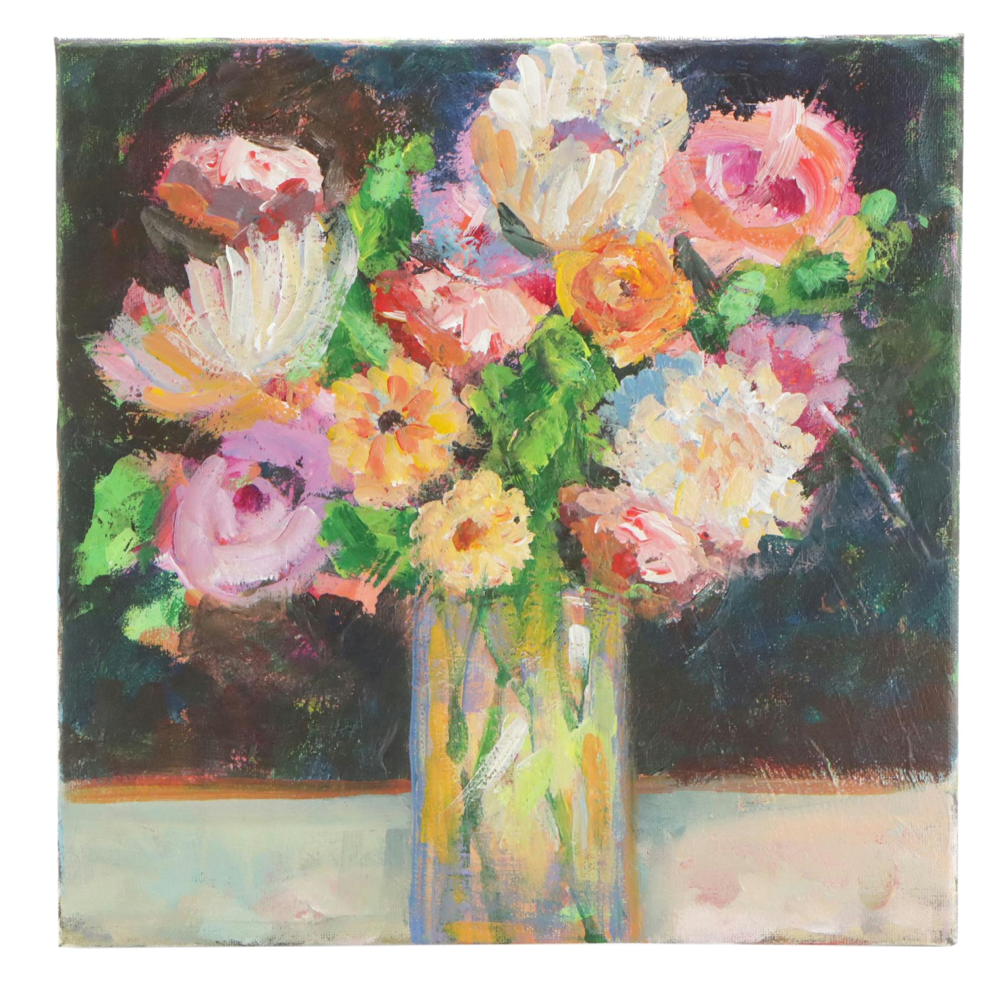 Elle Raines Floral Still Life Acrylic Painting, 21st Century