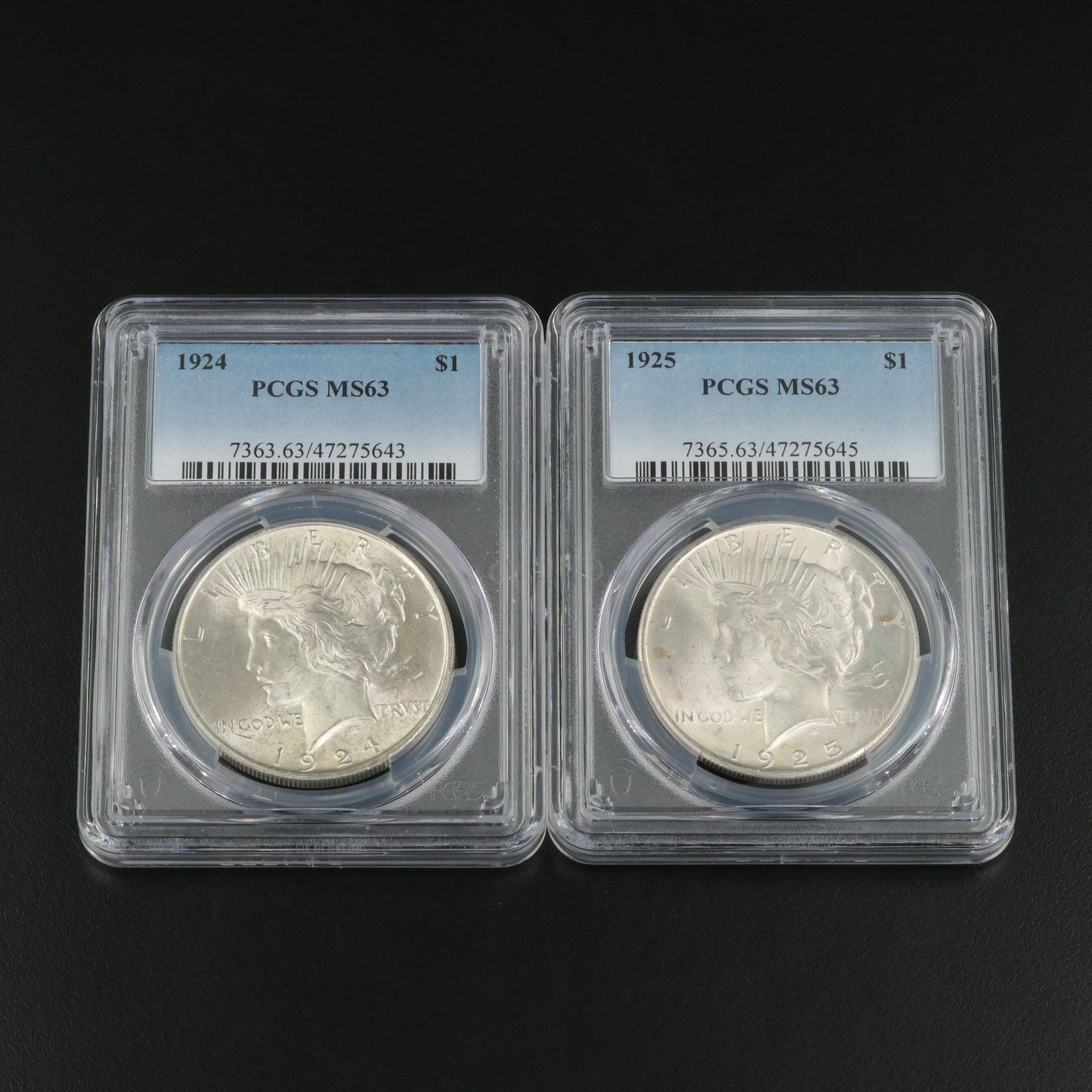 1924 and 1925 Peace Silver Dollars, PCGS Graded MS63