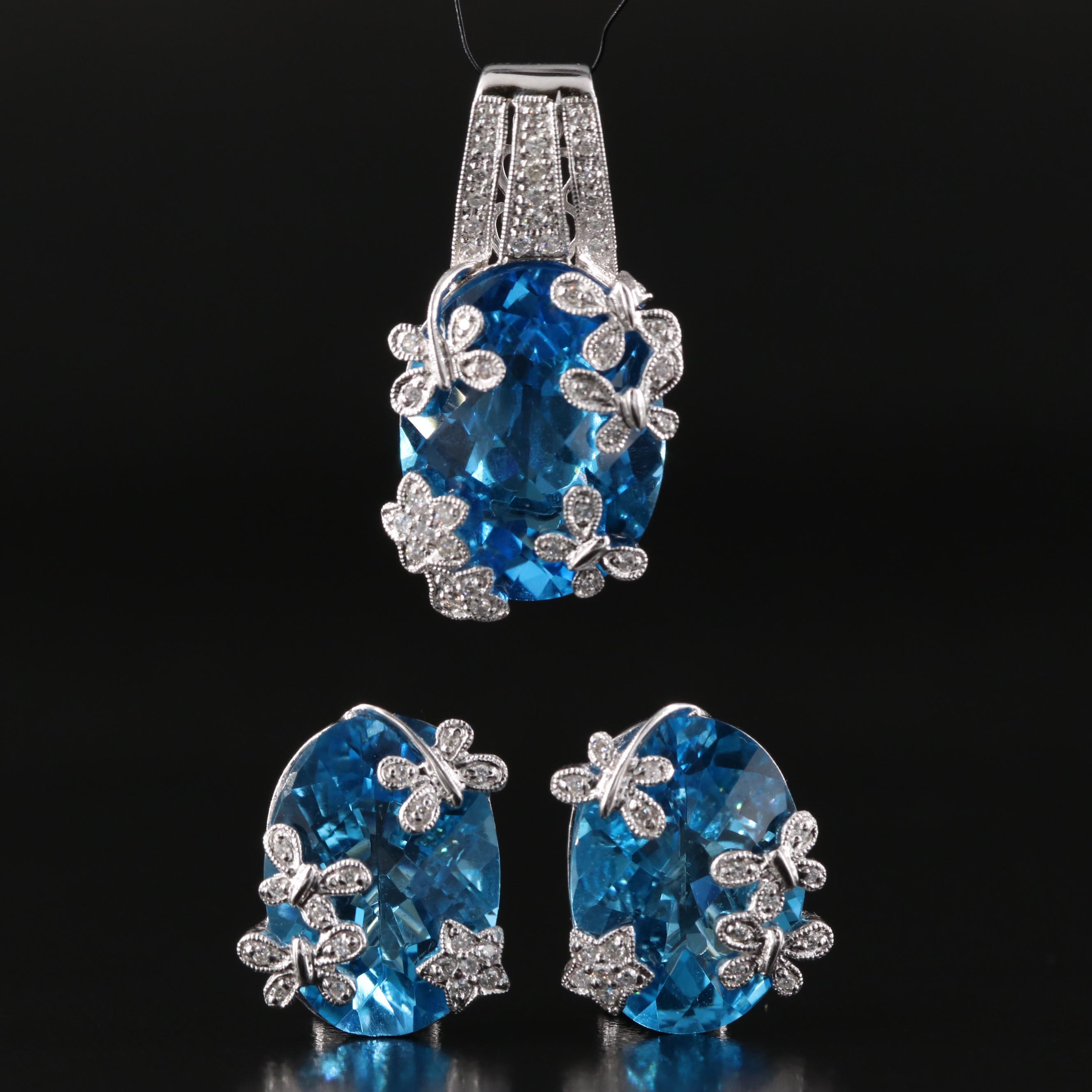 14K Swiss Blue Topaz and Diamond Butterfly Pendant and Earrings