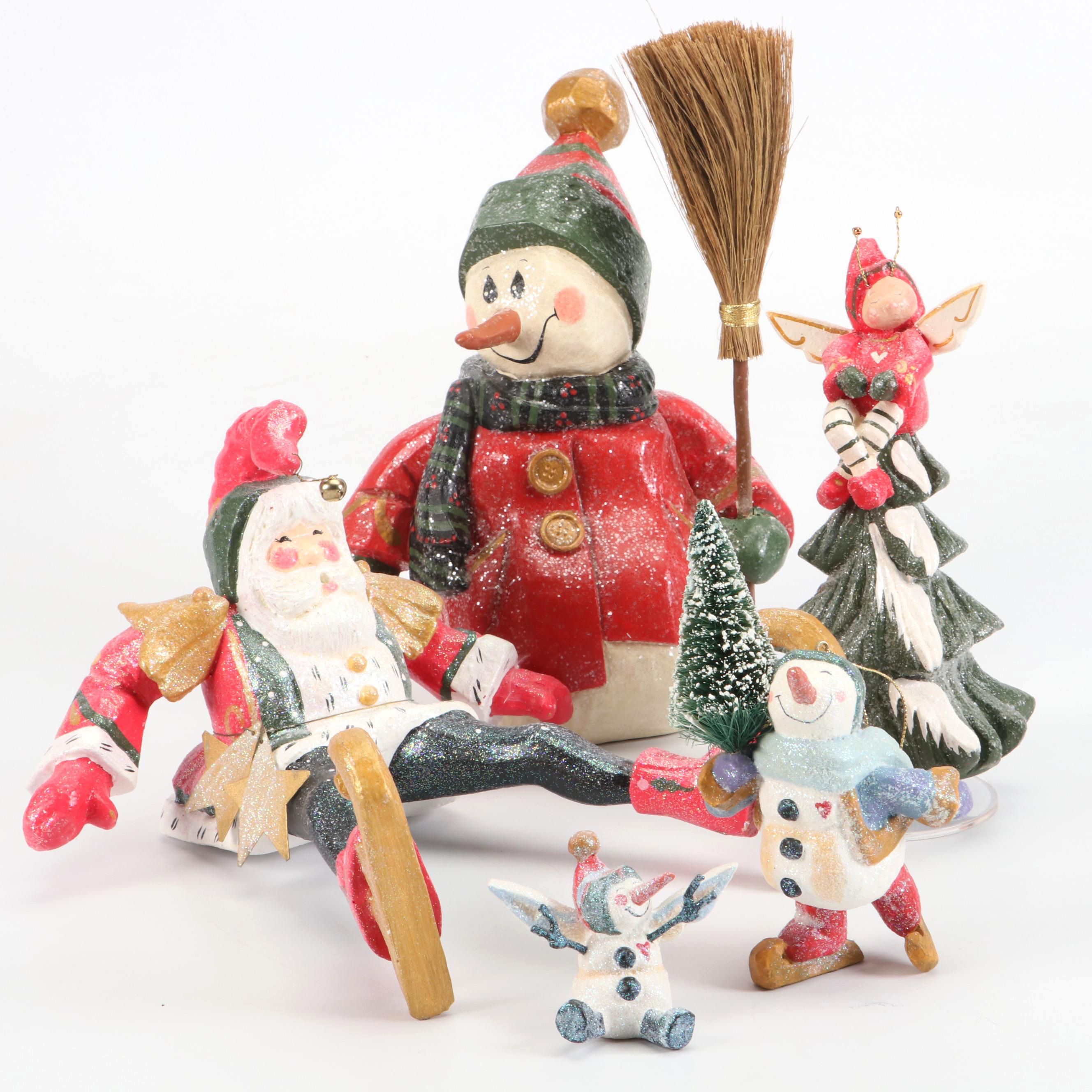 House of Hatten Folk Art Snowman Figurines, Ornaments and Music Box