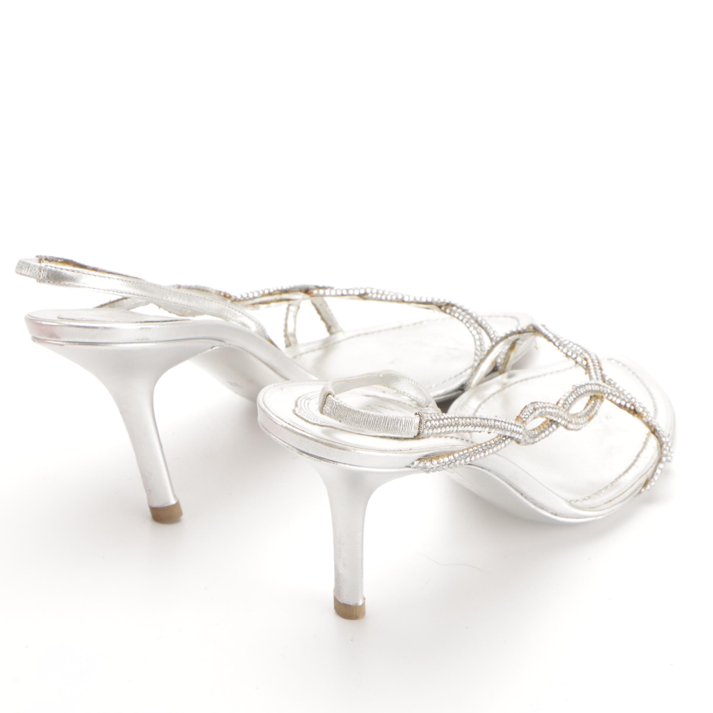 René Caovilla Crystal Dress Sandals in Metallic Silver Leather with Box