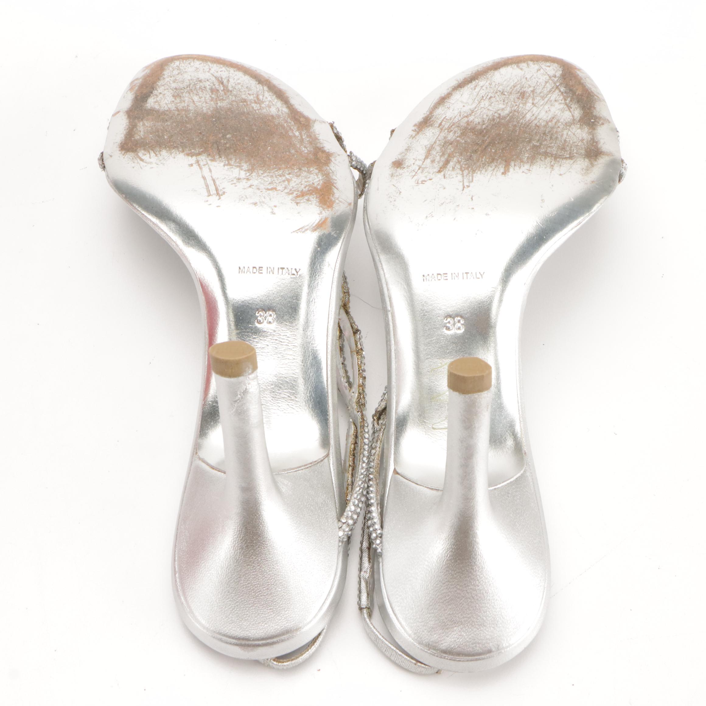 René Caovilla Crystal Dress Sandals in Metallic Silver Leather with Box