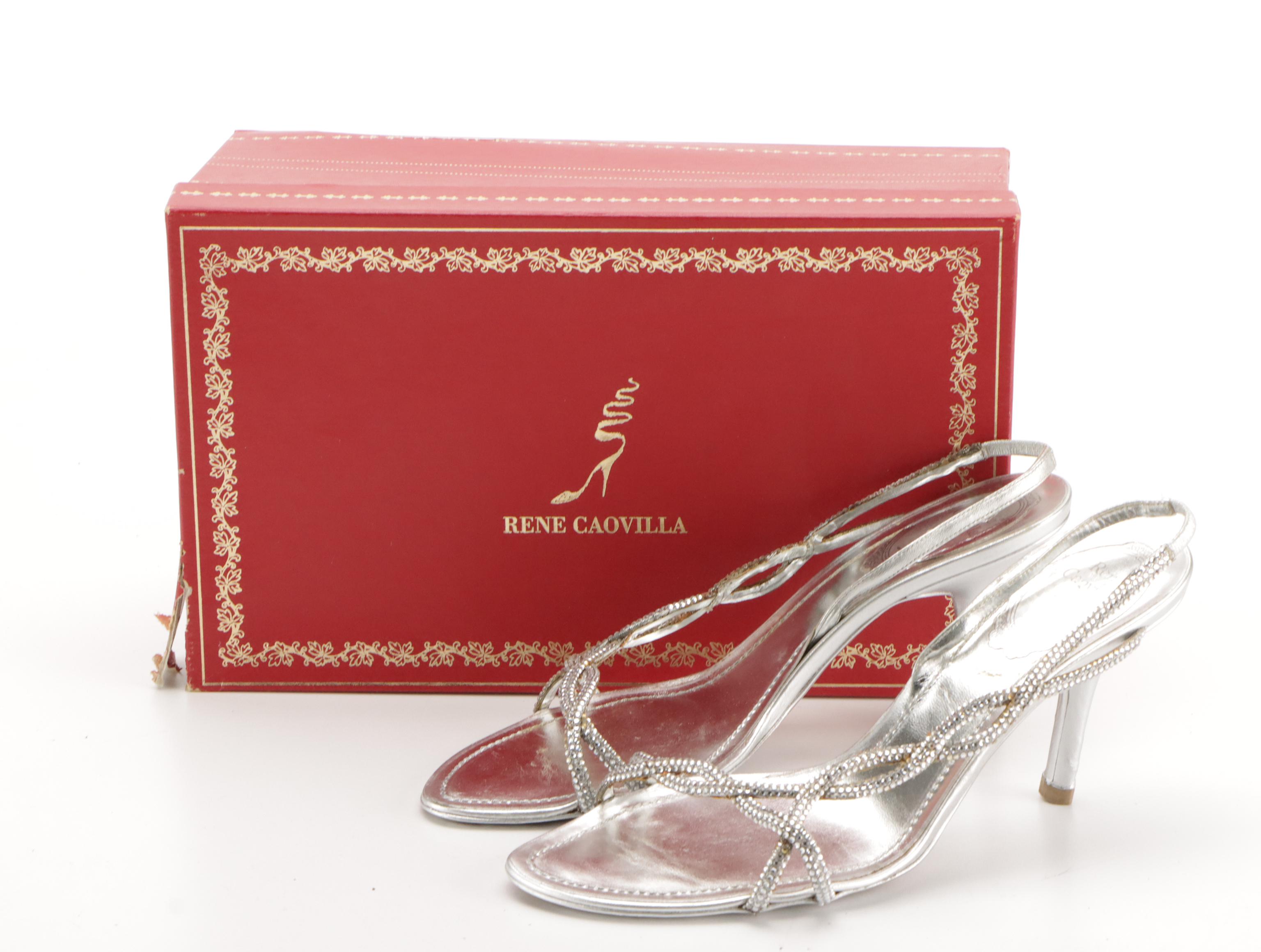René Caovilla Crystal Dress Sandals in Metallic Silver Leather with Box