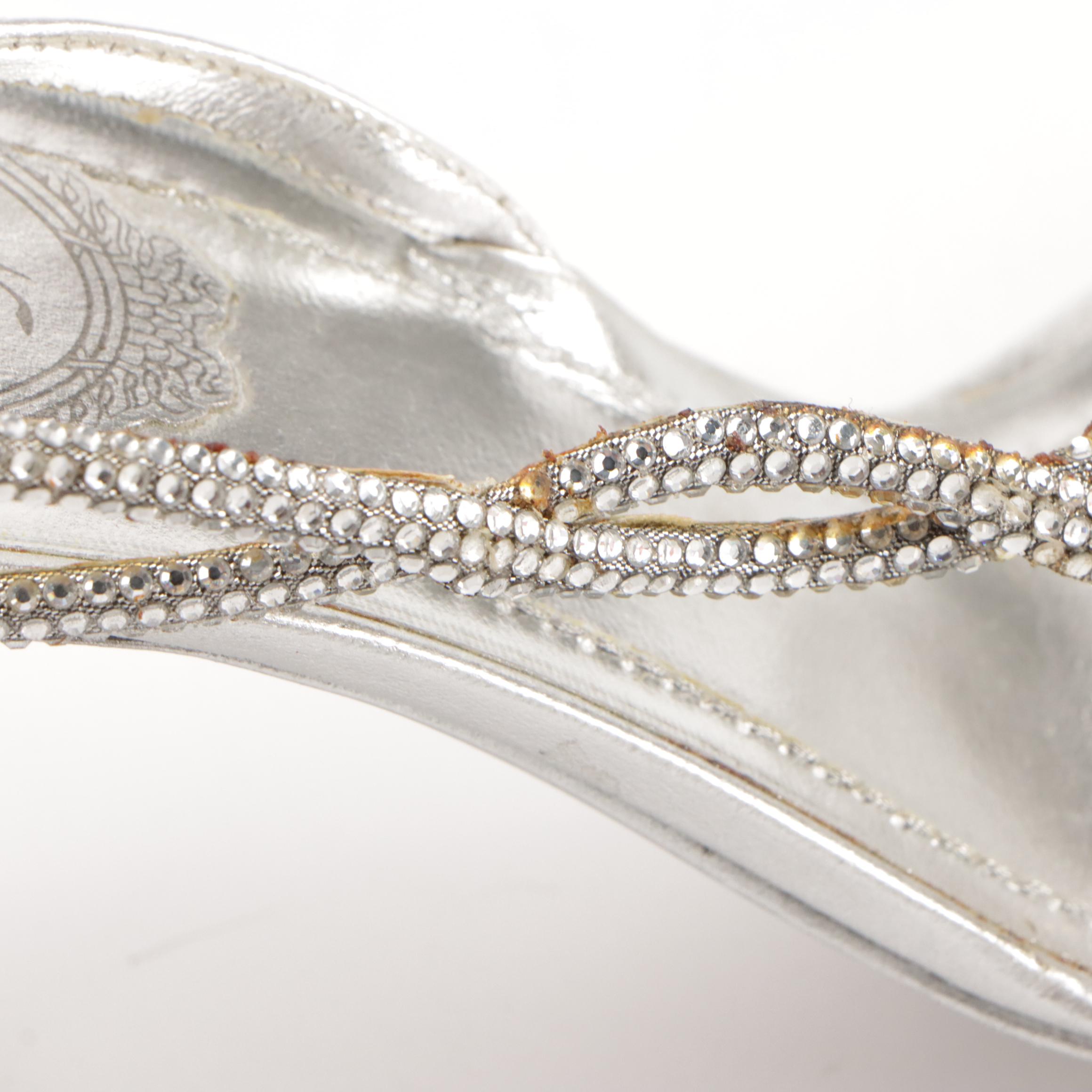 René Caovilla Crystal Dress Sandals in Metallic Silver Leather with Box