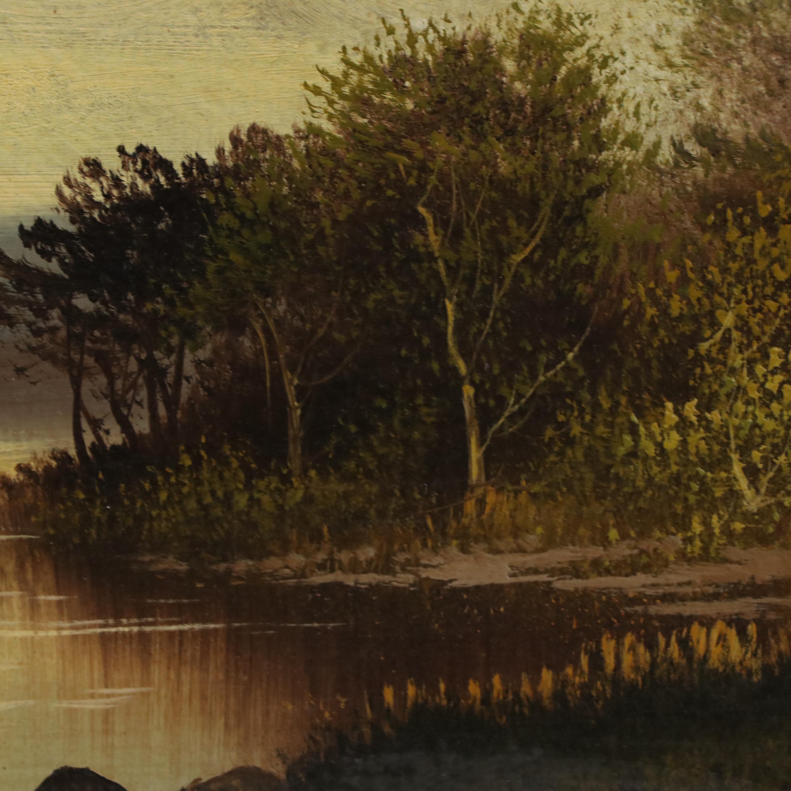 River Landscape Oil Painting, 19th Century