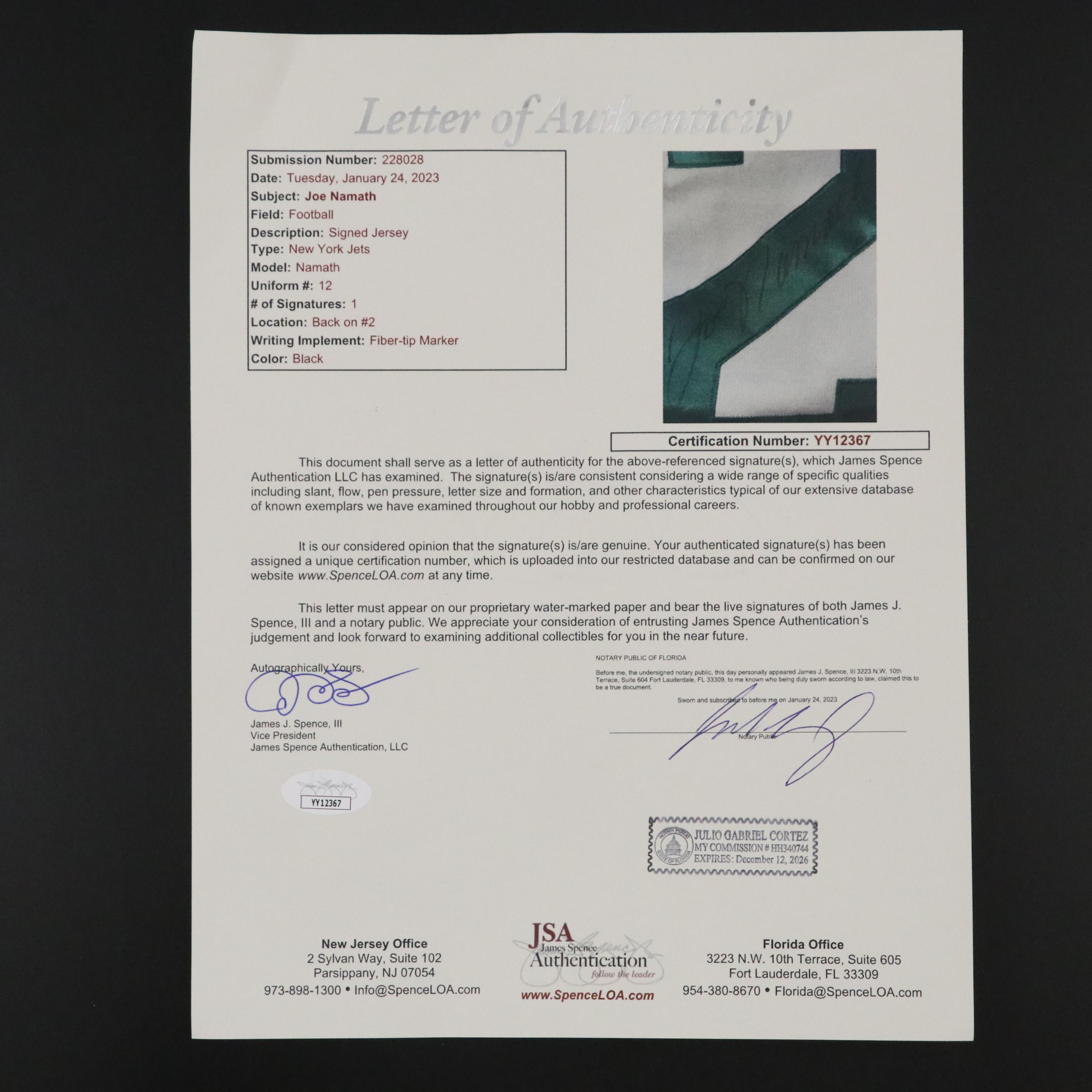 Joe Namath Signed Champion Throwback New York Jets Football Jersey, JSA