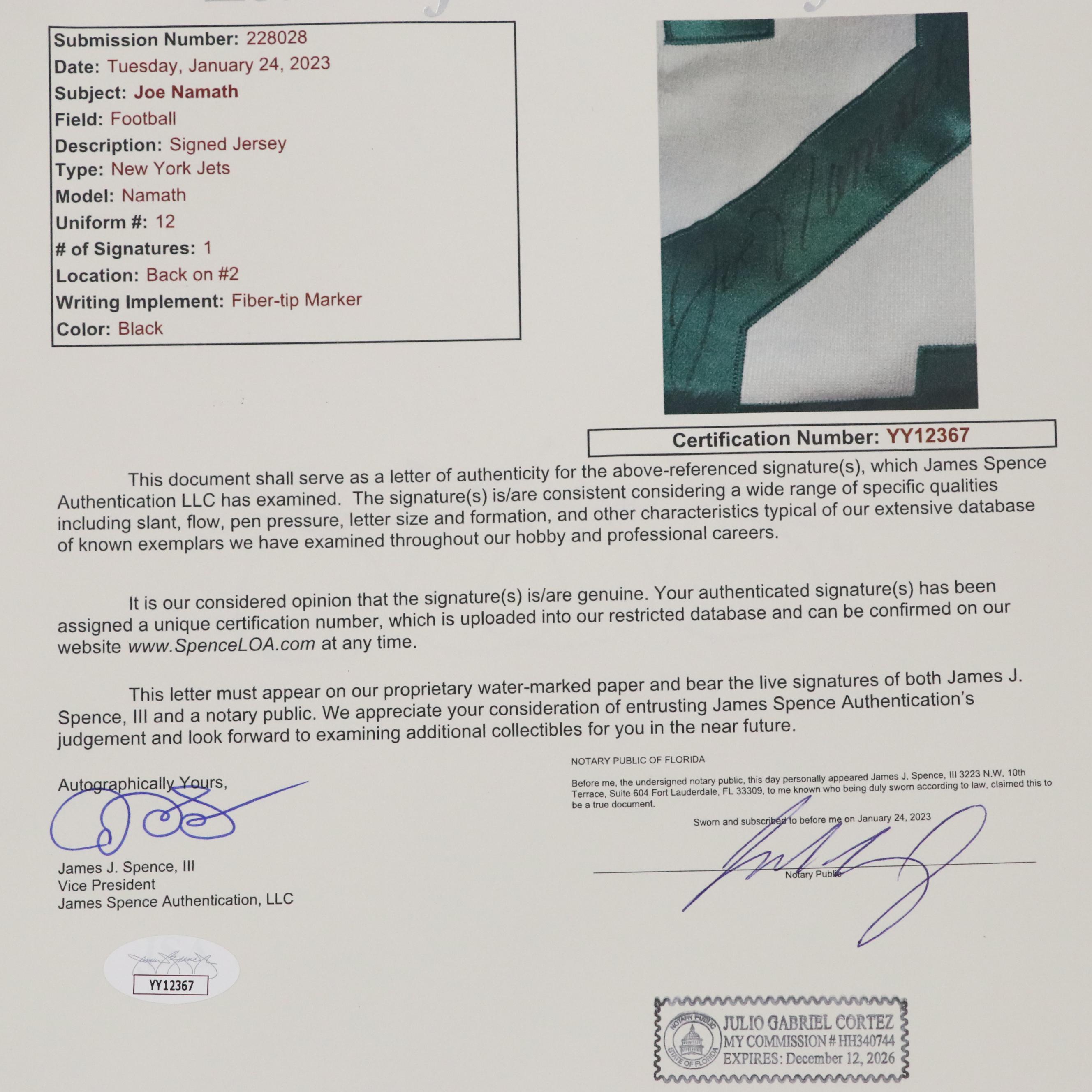 Joe Namath Signed Champion Throwback New York Jets Football Jersey, JSA