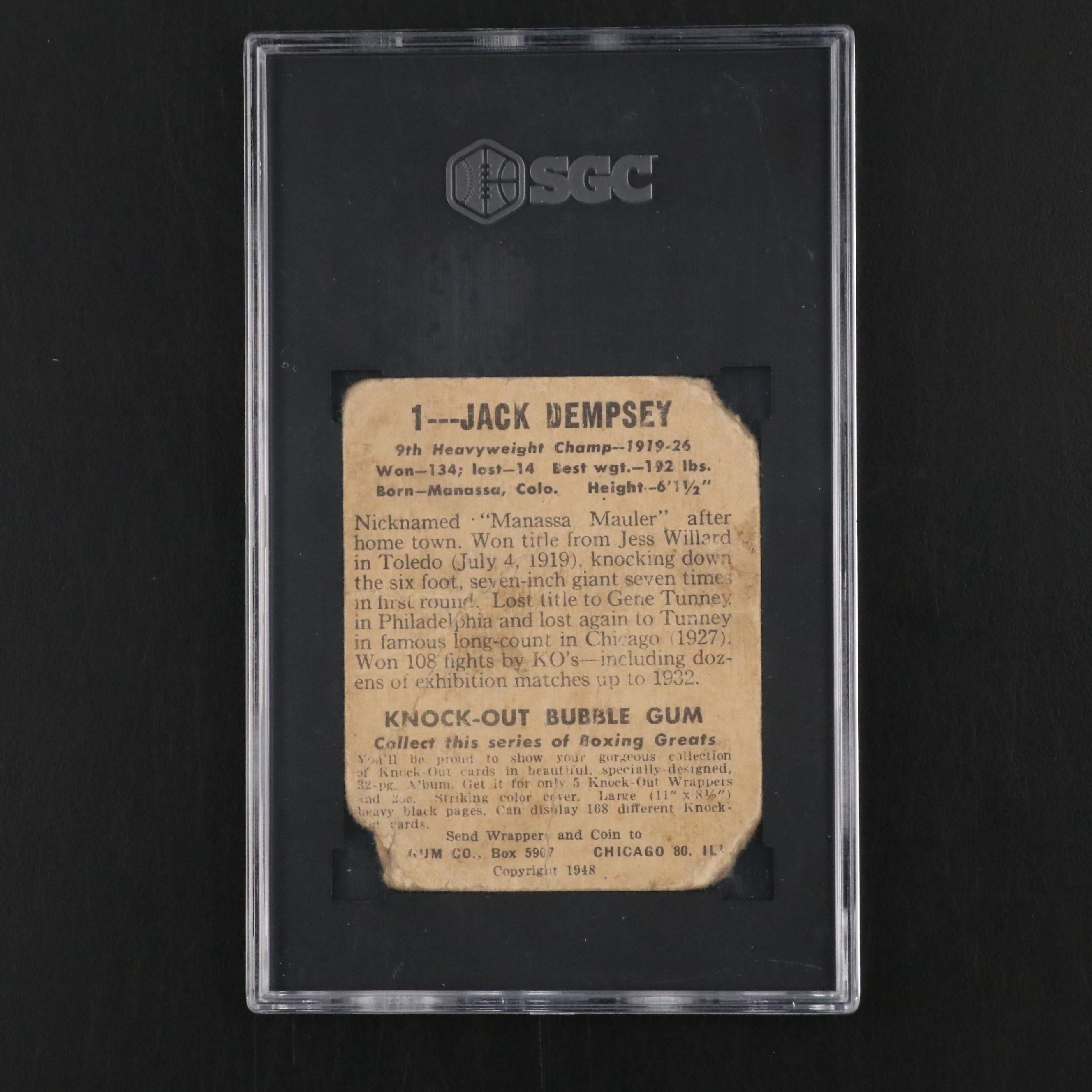 1948 Leaf Jack Dempsey Boxing Card Graded SGC 1 with Pin
