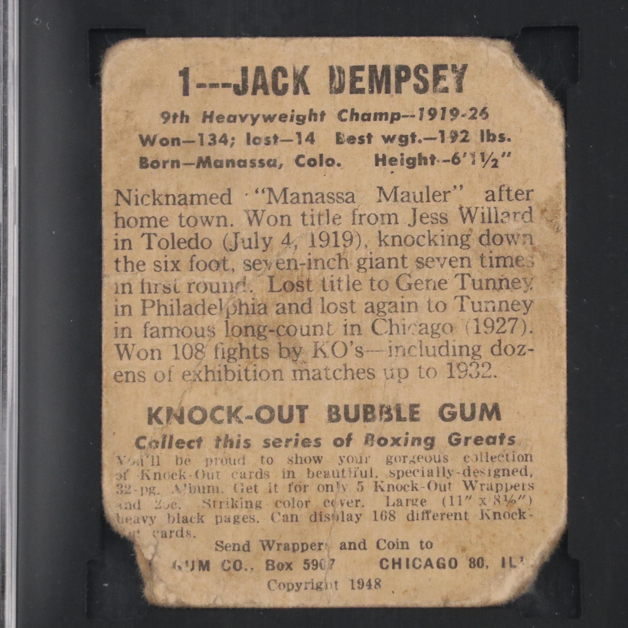 1948 Leaf Jack Dempsey Boxing Card Graded SGC 1 with Pin