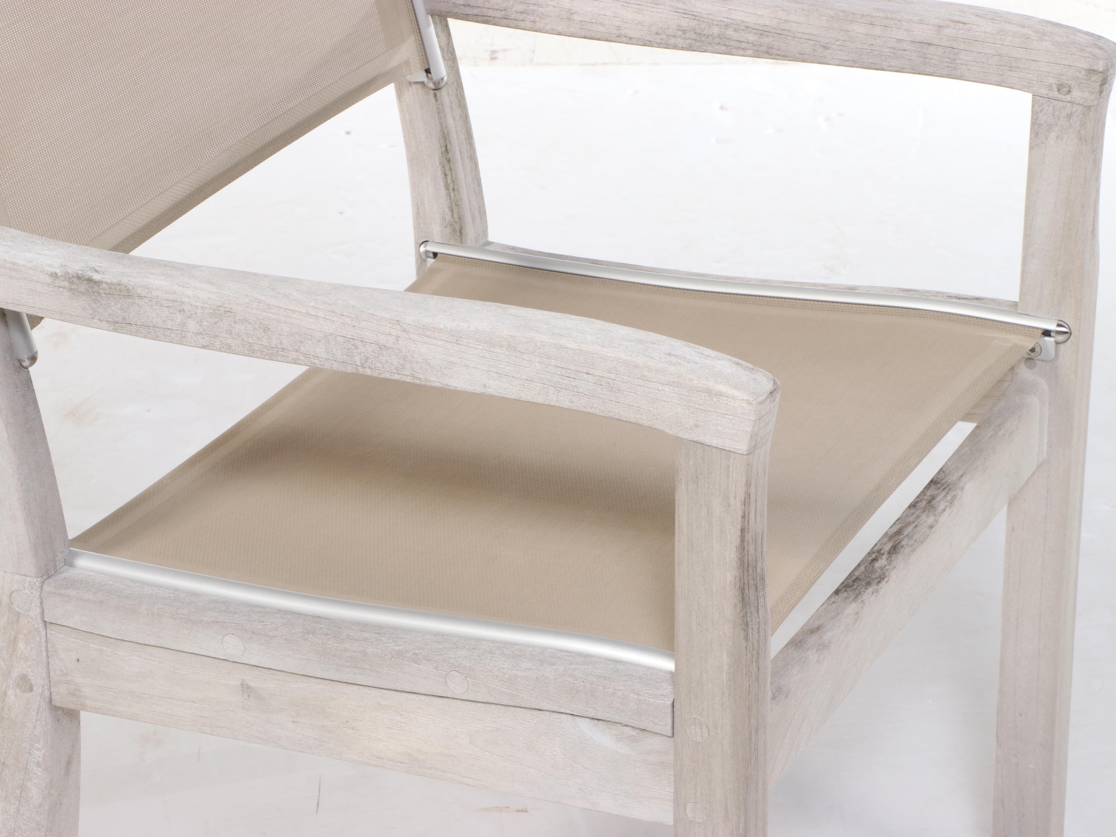 Gloster Teak Patio Dining Table, Four Chairs, and Side Table