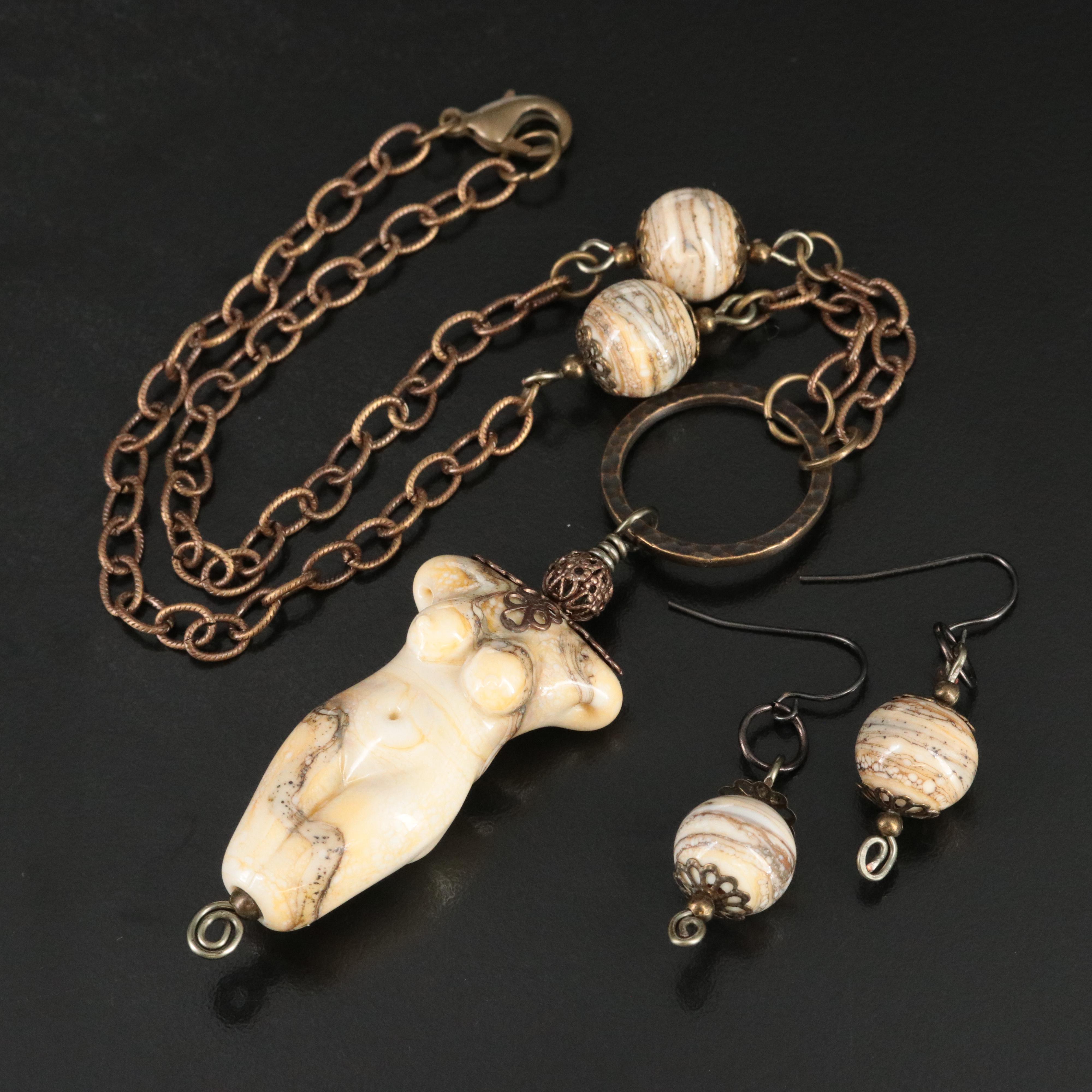Art Glass Bust Pendant Necklace with Dangle Earrings