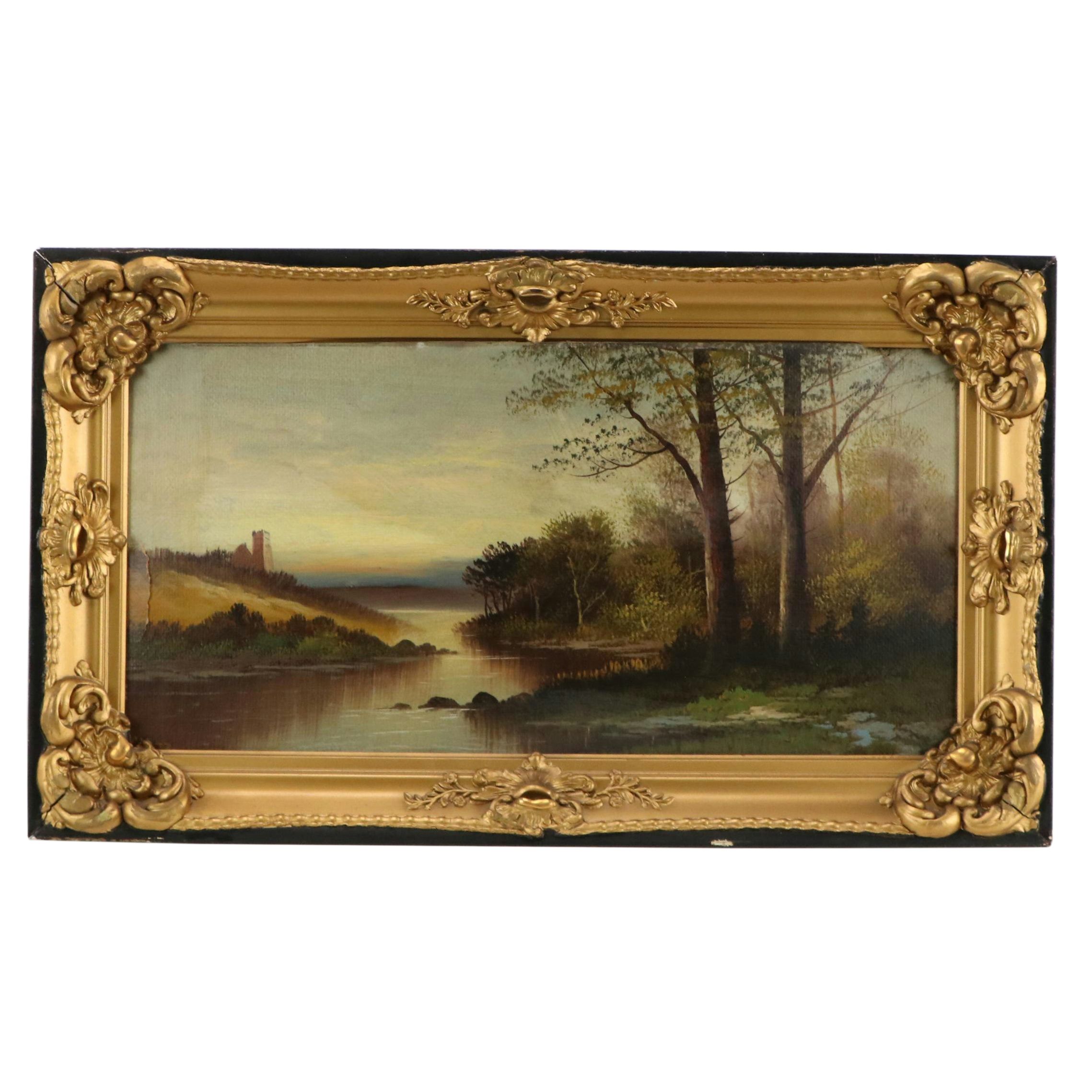 River Landscape Oil Painting, 19th Century