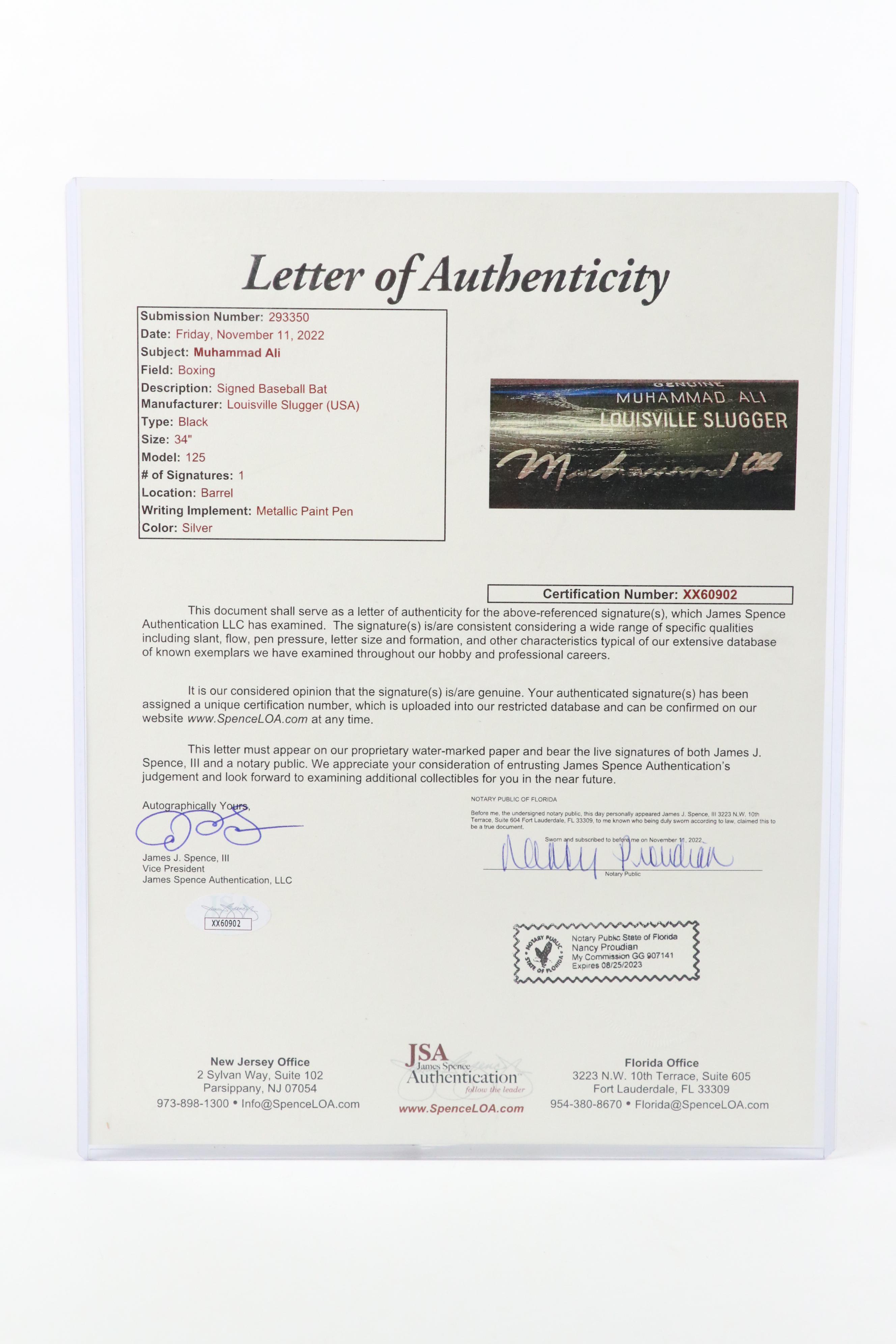 Muhammad Ali Signed Louisville Slugger Baseball Bat, JSA Full Letter