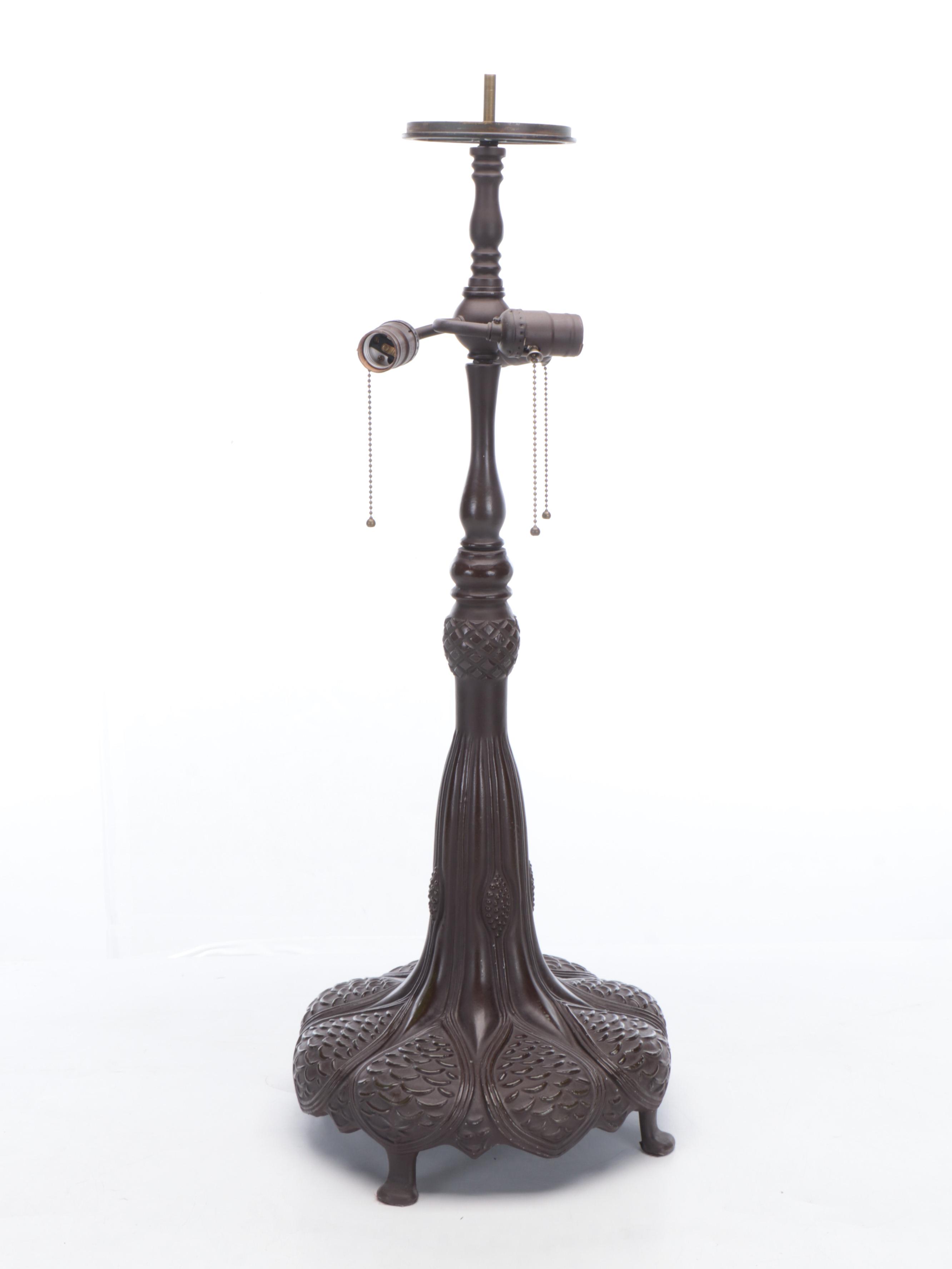 Bronzed Spelter Table Lamp with Pond Lilies Slag Glass Shade