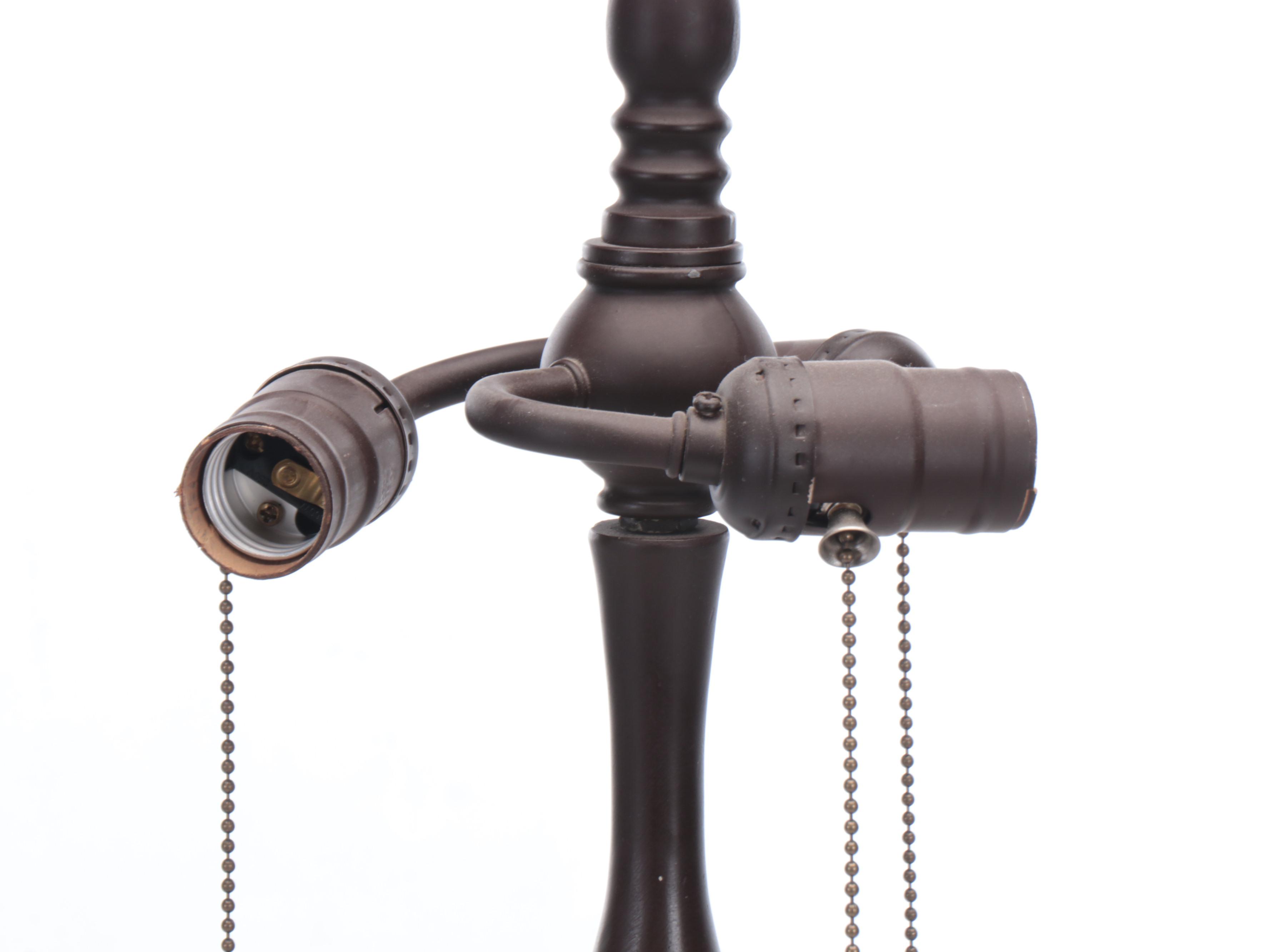 Bronzed Spelter Table Lamp with Pond Lilies Slag Glass Shade