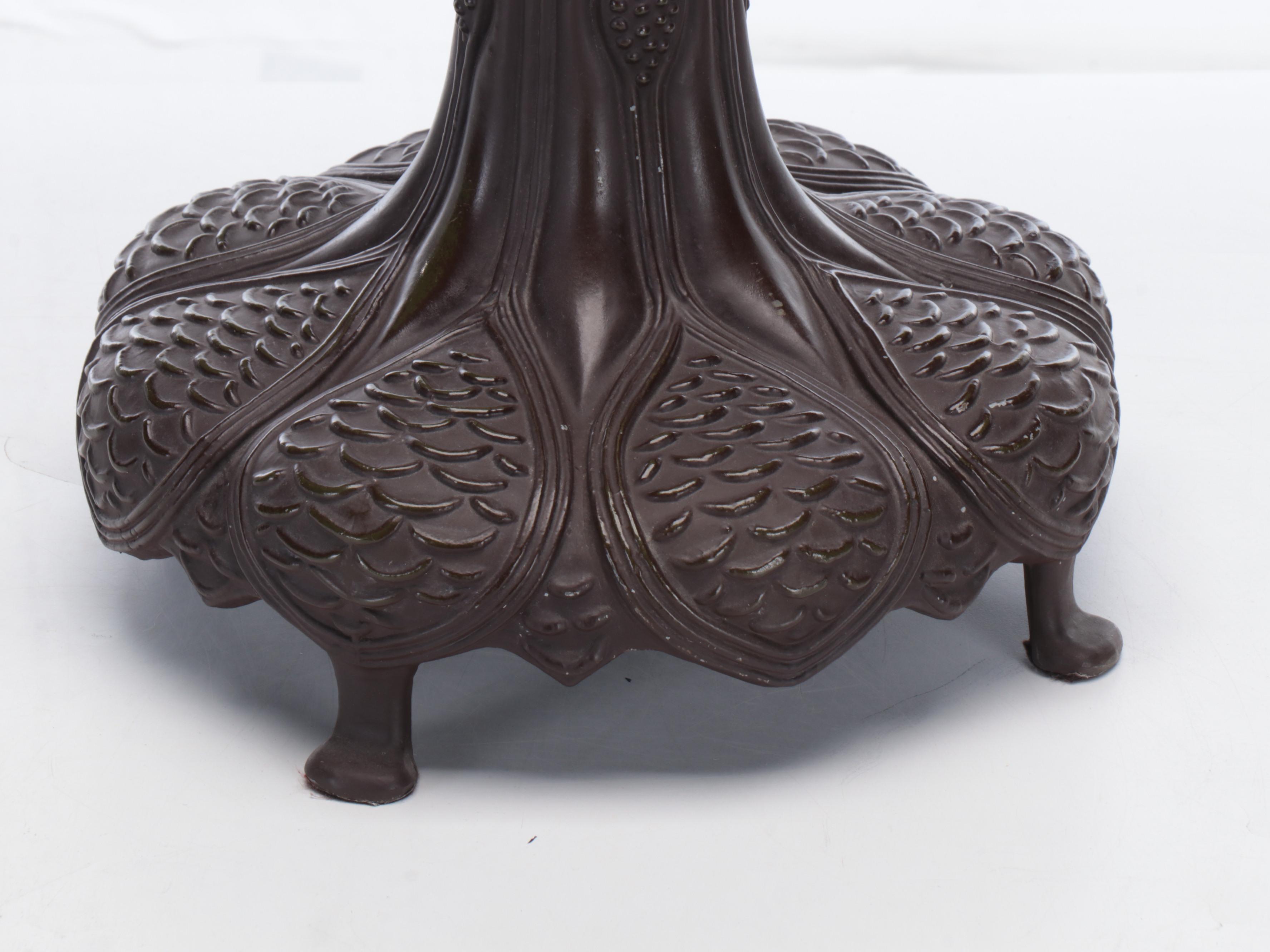 Bronzed Spelter Table Lamp with Pond Lilies Slag Glass Shade