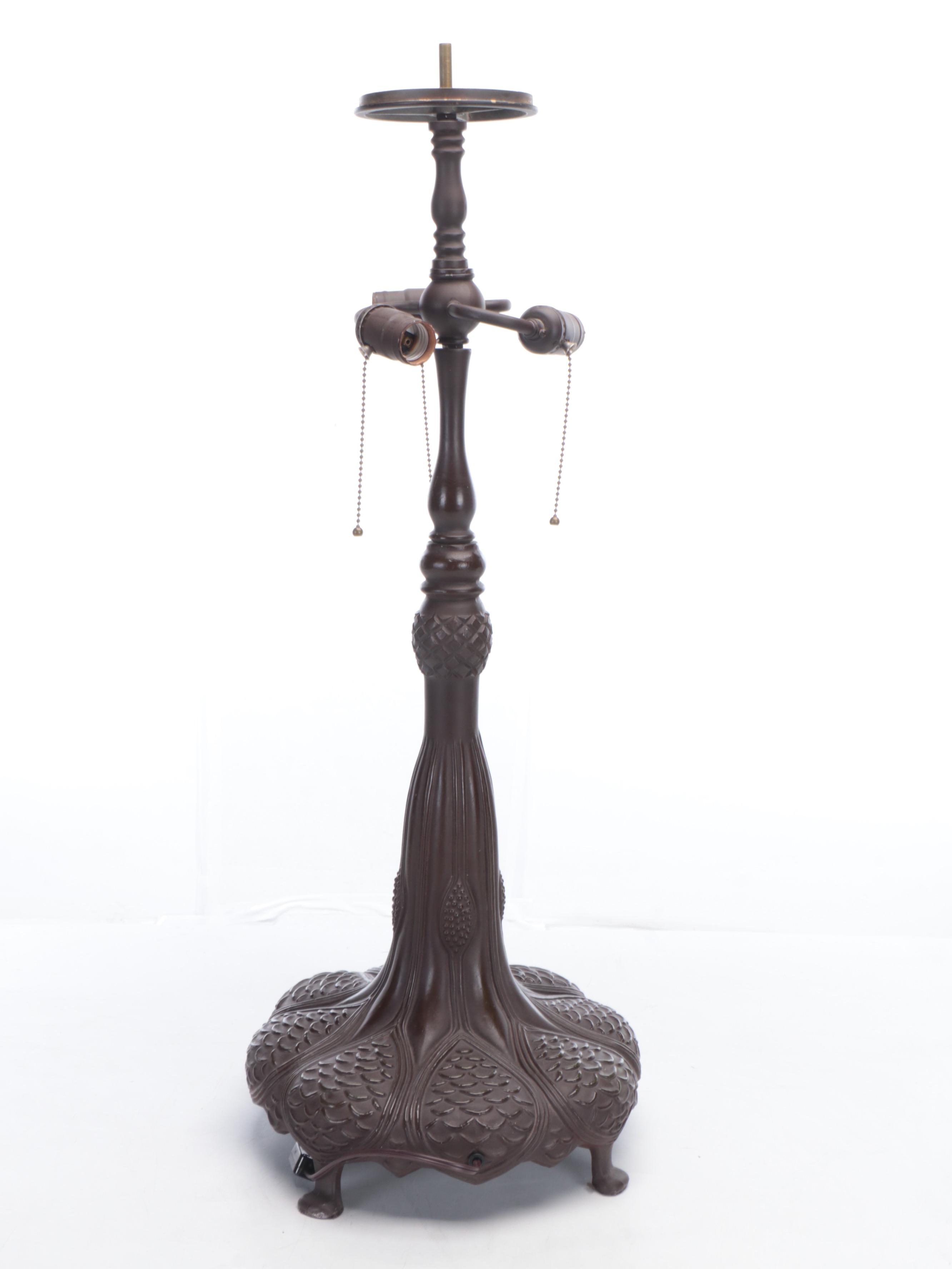 Bronzed Spelter Table Lamp with Pond Lilies Slag Glass Shade