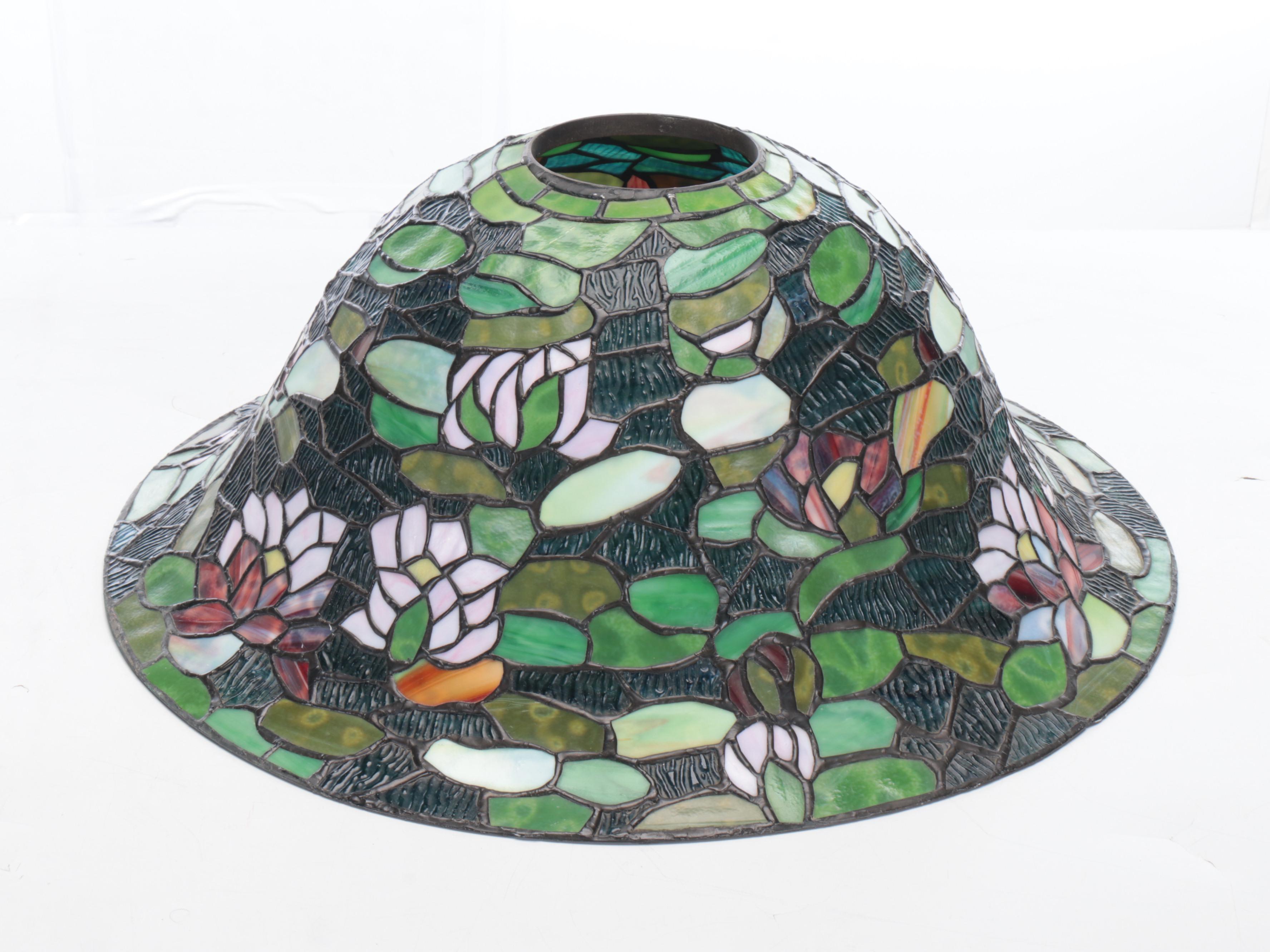 Bronzed Spelter Table Lamp with Pond Lilies Slag Glass Shade