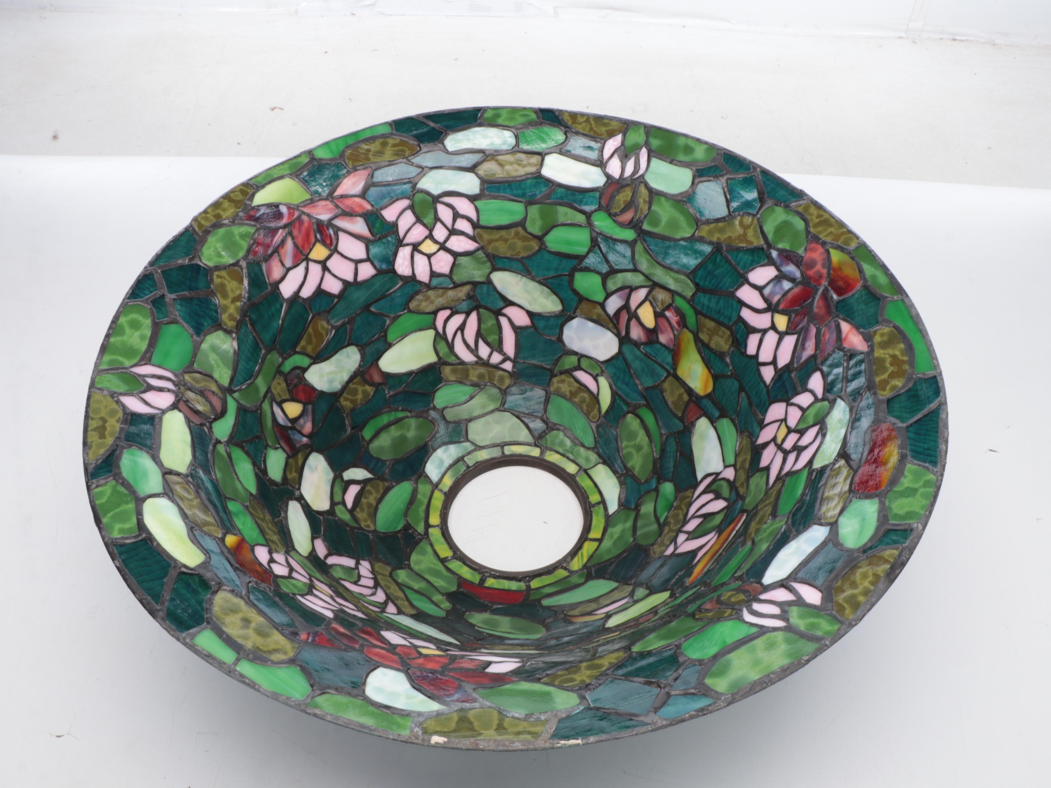 Bronzed Spelter Table Lamp with Pond Lilies Slag Glass Shade