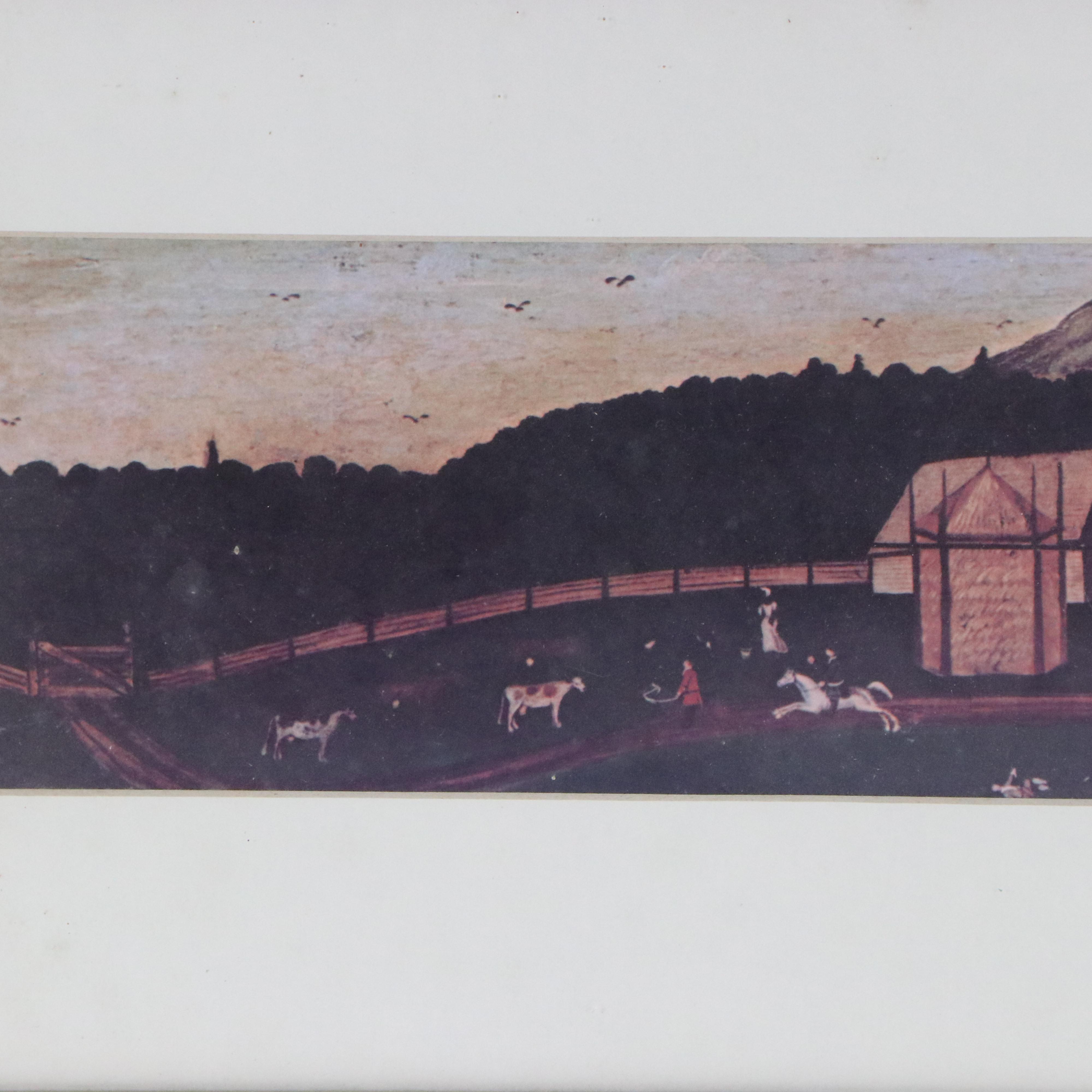 Offset Lithograph of Early American Farm Scene, 20th Century