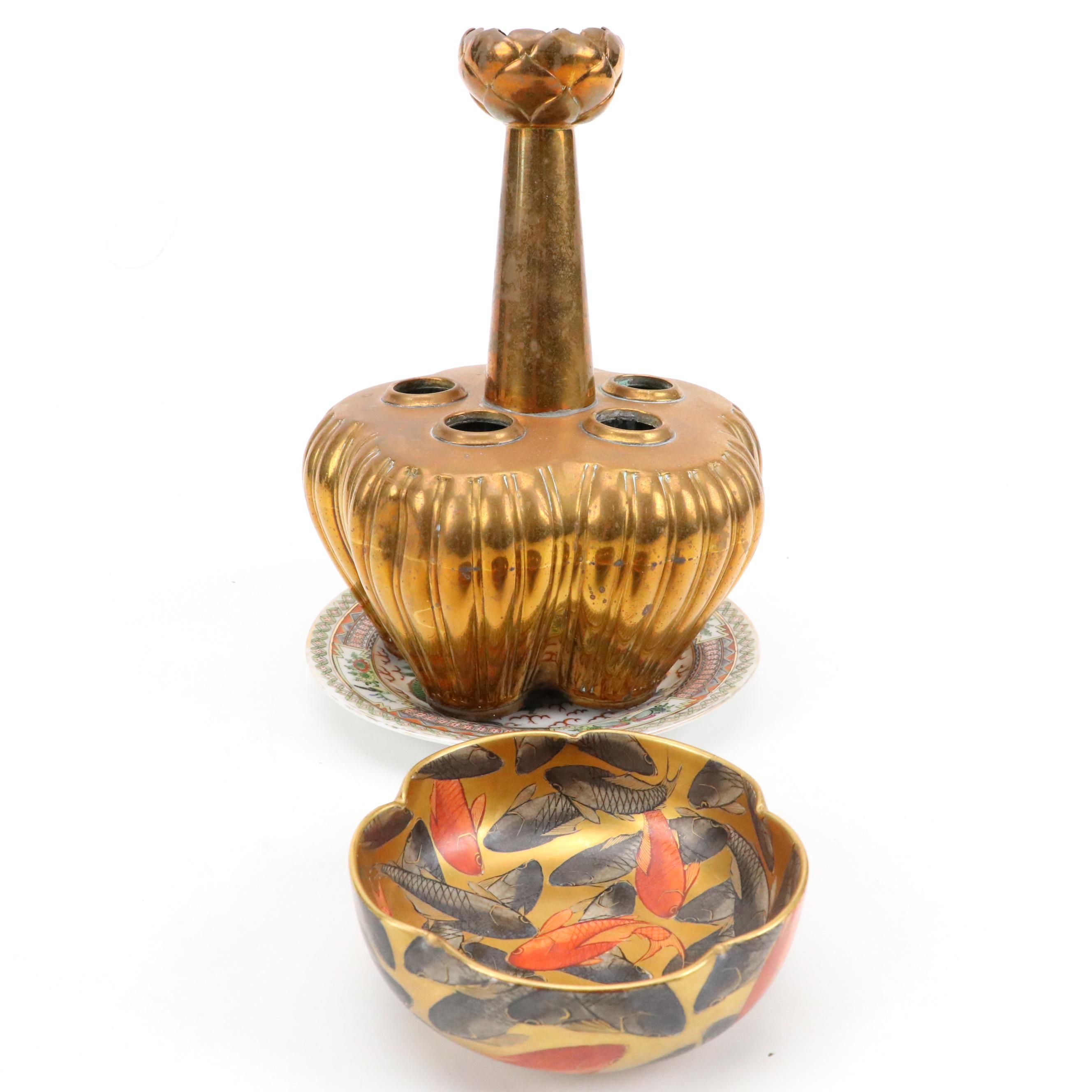 Japanese Satsuma Gilt Porcelain Fish Bowl with Other Porcelain and Metal Décor