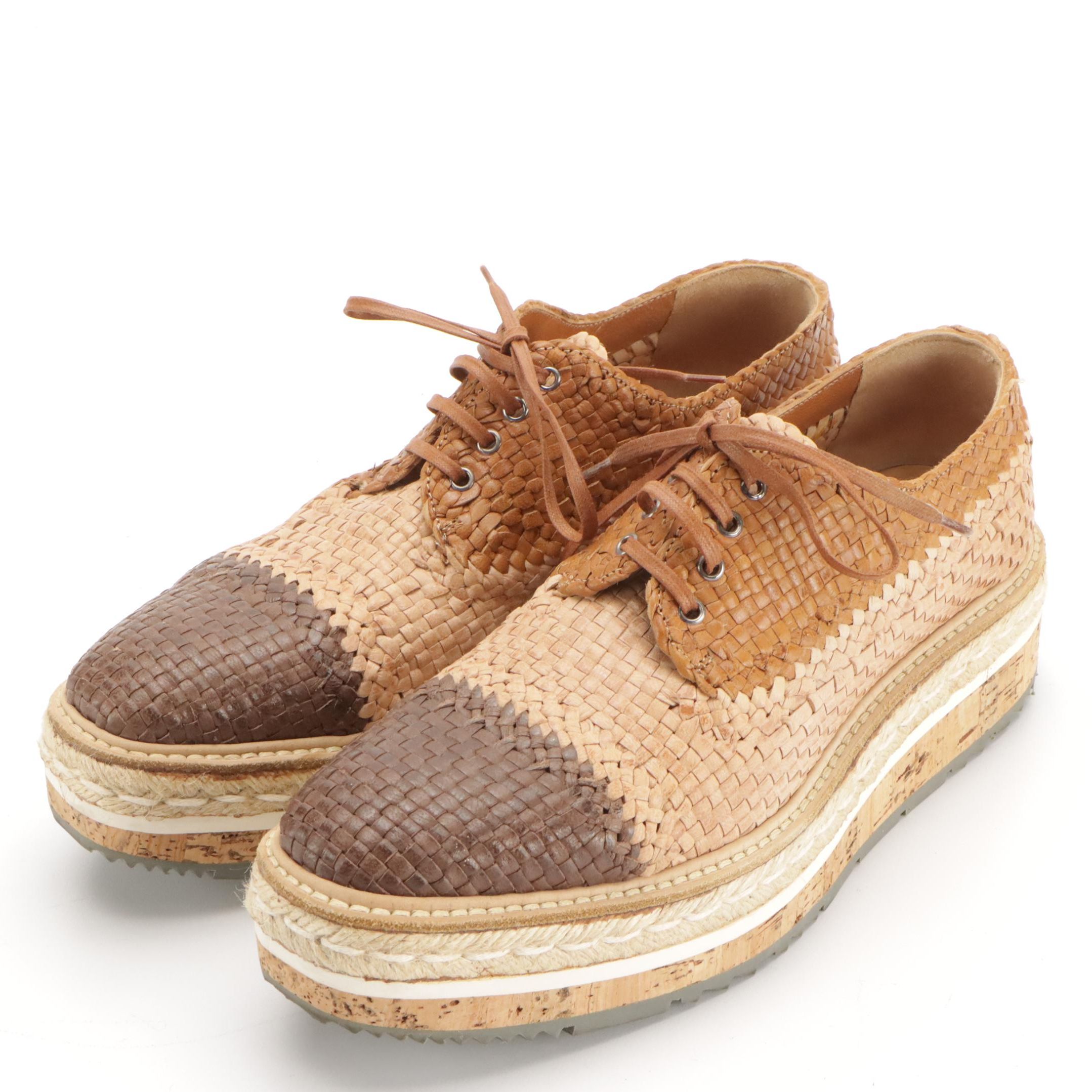 Prada Madras Tri-Color Woven Leather Platform Espadrille Oxfords