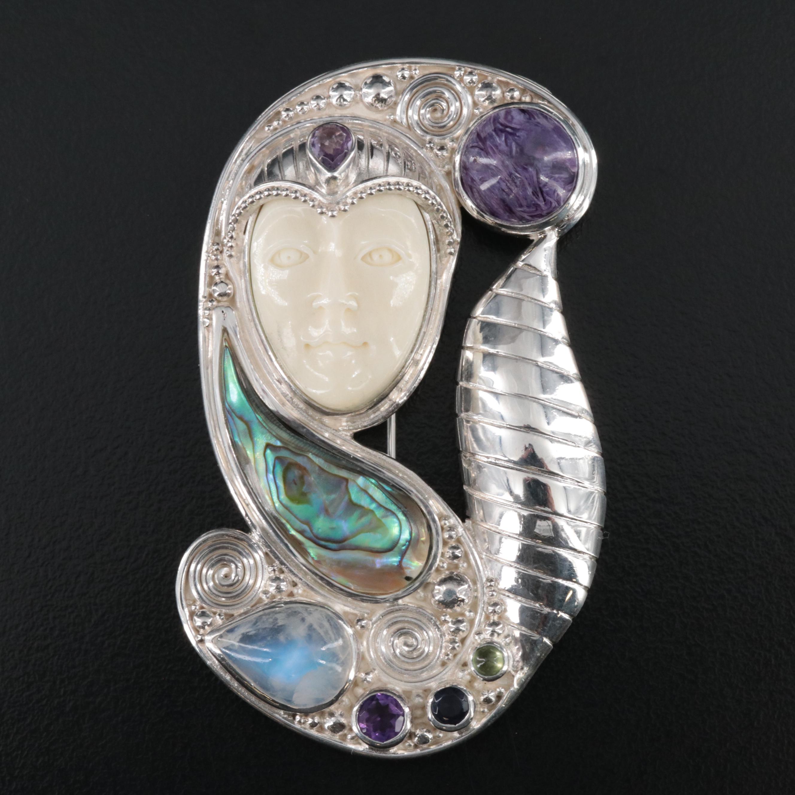 Sajen Sterling Bone, Abalone, Moonstone, and Gemstone Converter Brooch